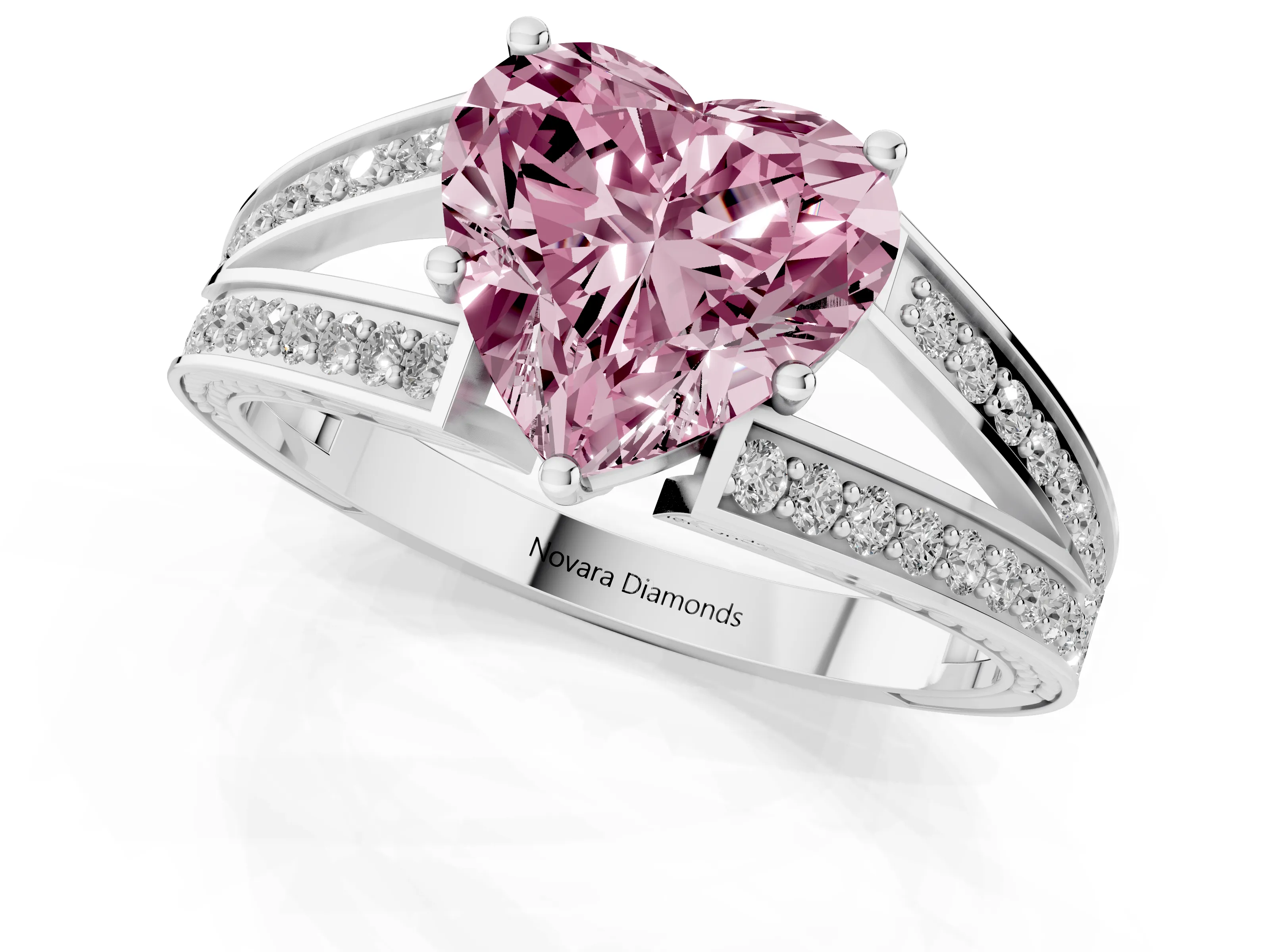 Fancy Pink Heart Cut Diamond Split Shank Ring Set in White gold with Pavé Band and Prong Setting