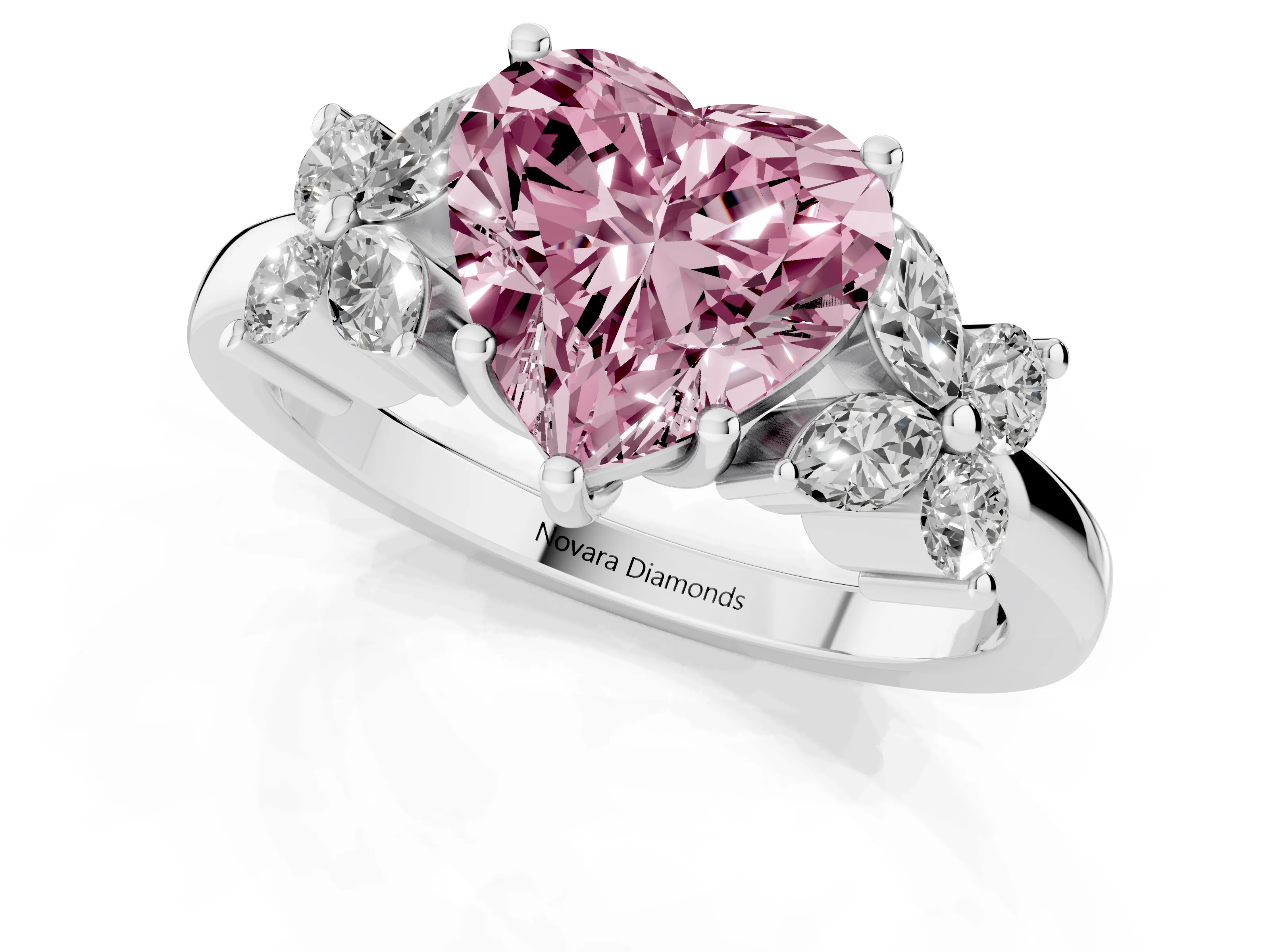 Fancy Pink Heart Cut Diamond Floral Cluster Ring Set in Platinum with Marquise Petals and Prong Setting
