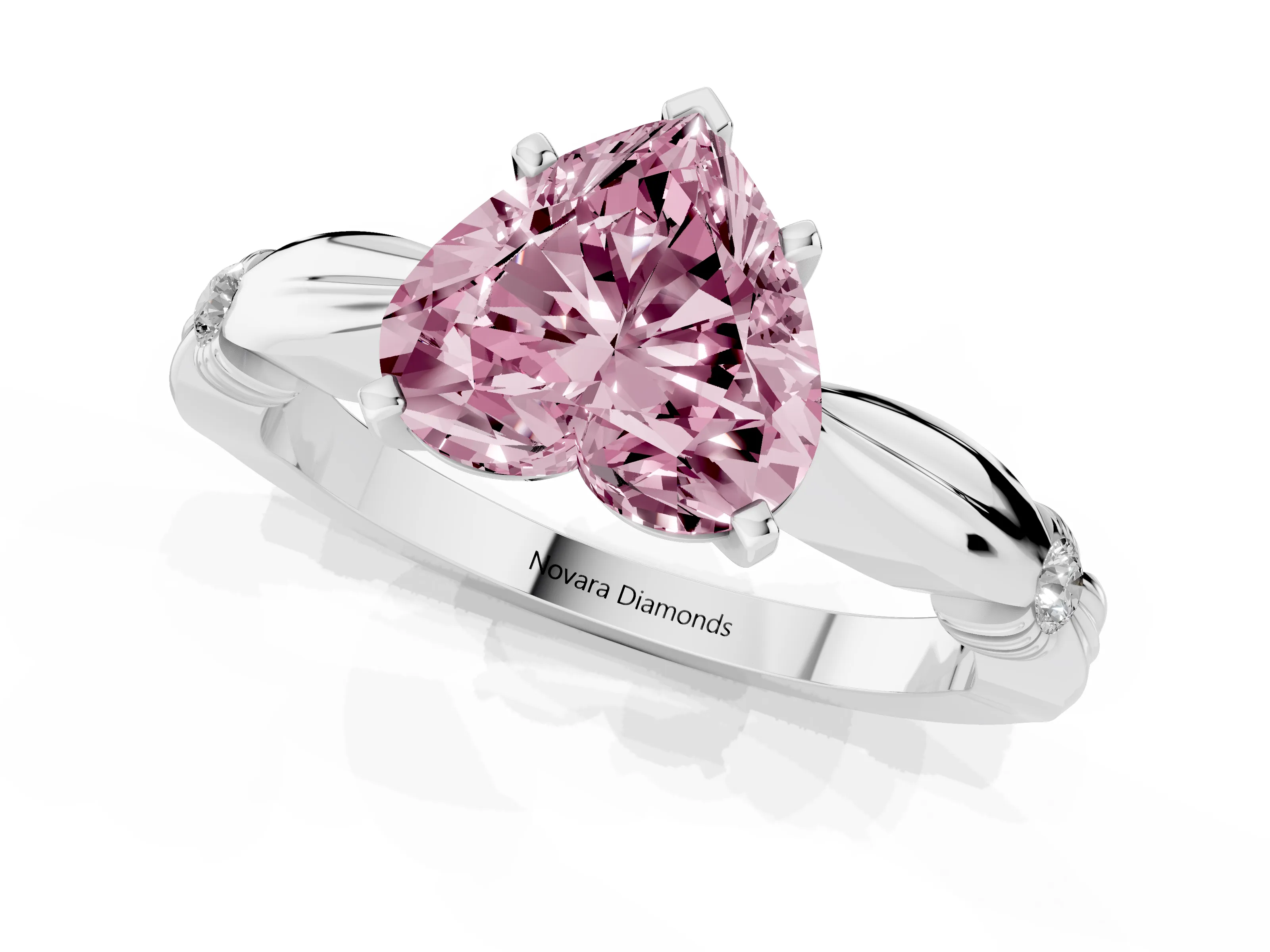 Fancy Pink Heart Cut Diamond Solitaire Twisted Band Ring Set in Silver with Accent Stones and Prong Setting