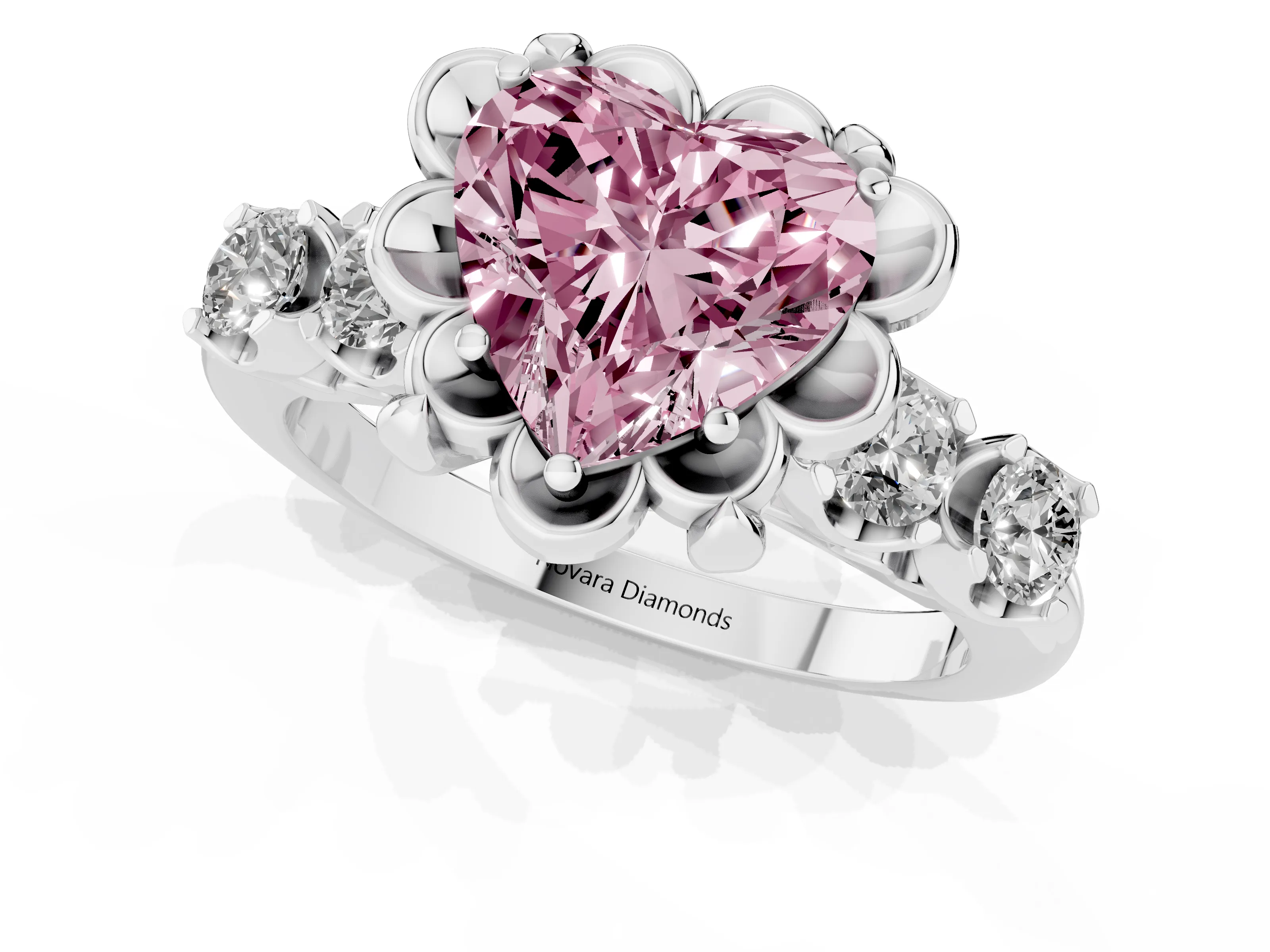 Fancy Pink Heart Cut Diamond Floral Halo Ring Set in Silver with Shared Prong Band