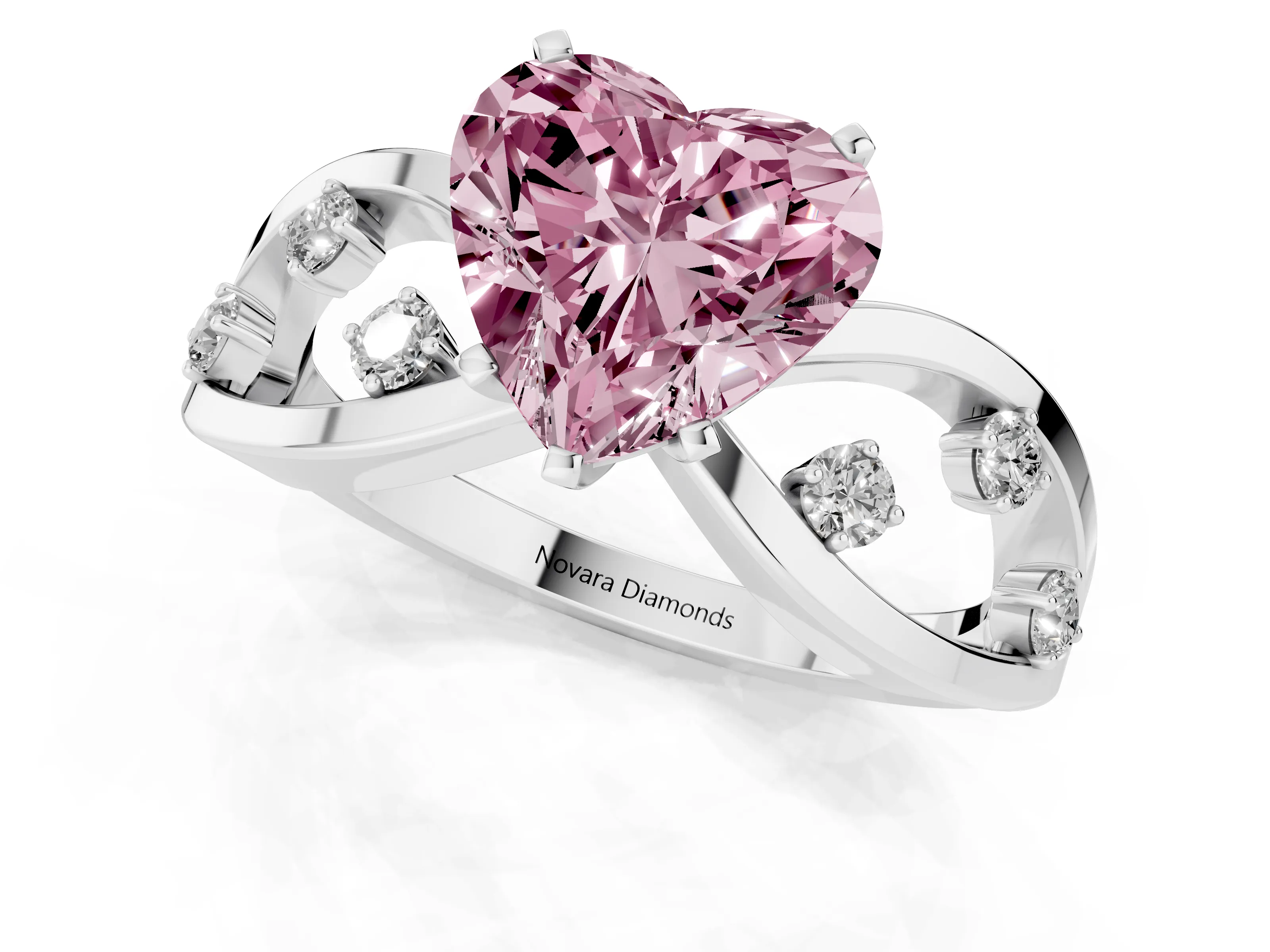 Fancy Pink Heart Cut Diamond Solitaire Ring Set in Silver with Side Stones on Criss-Cross Band and Prong Setting