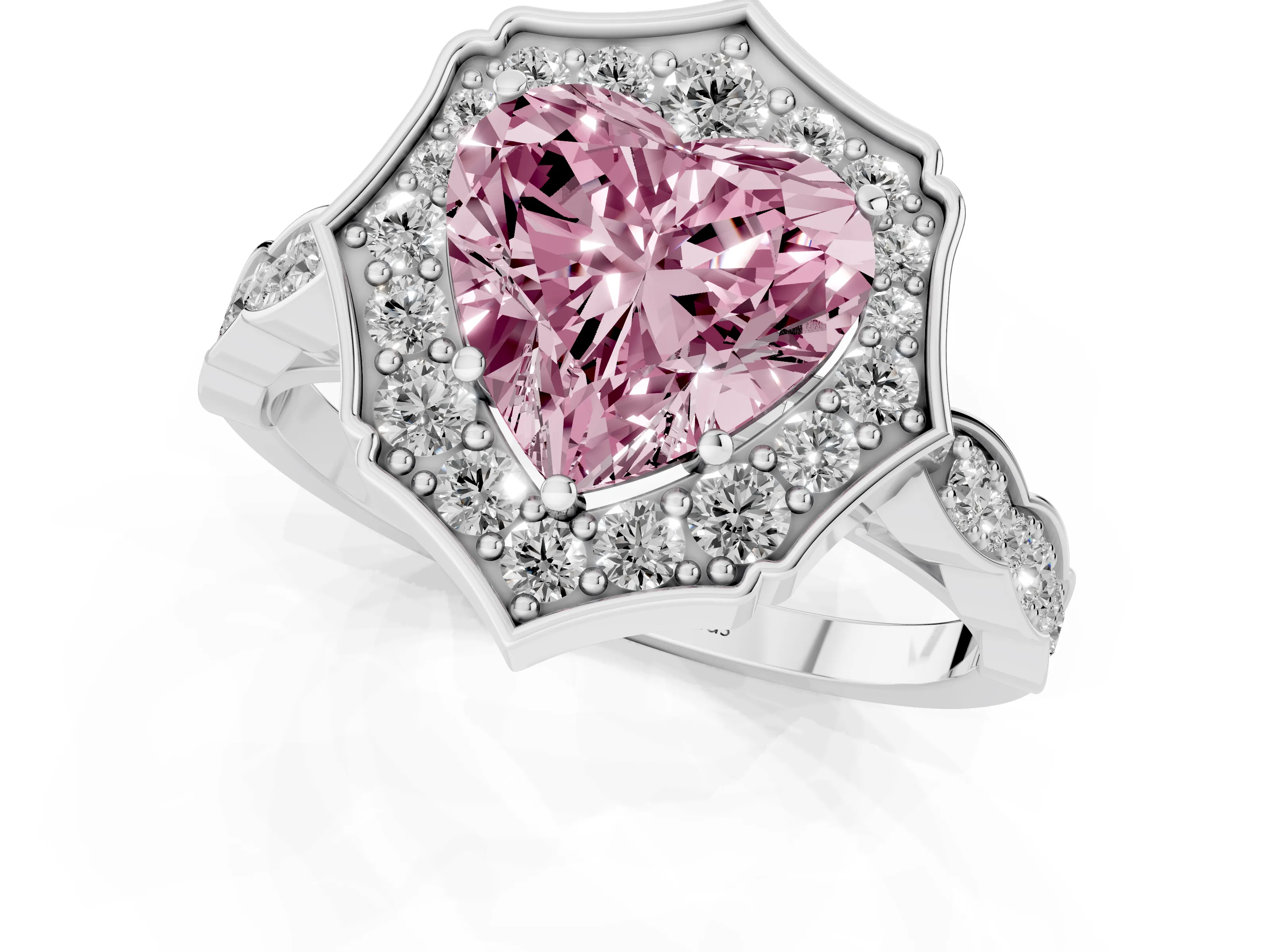 Fancy Pink Heart Cut Diamond Halo Engagement Ring Set in White gold with Milgrain Band and Prong Setting