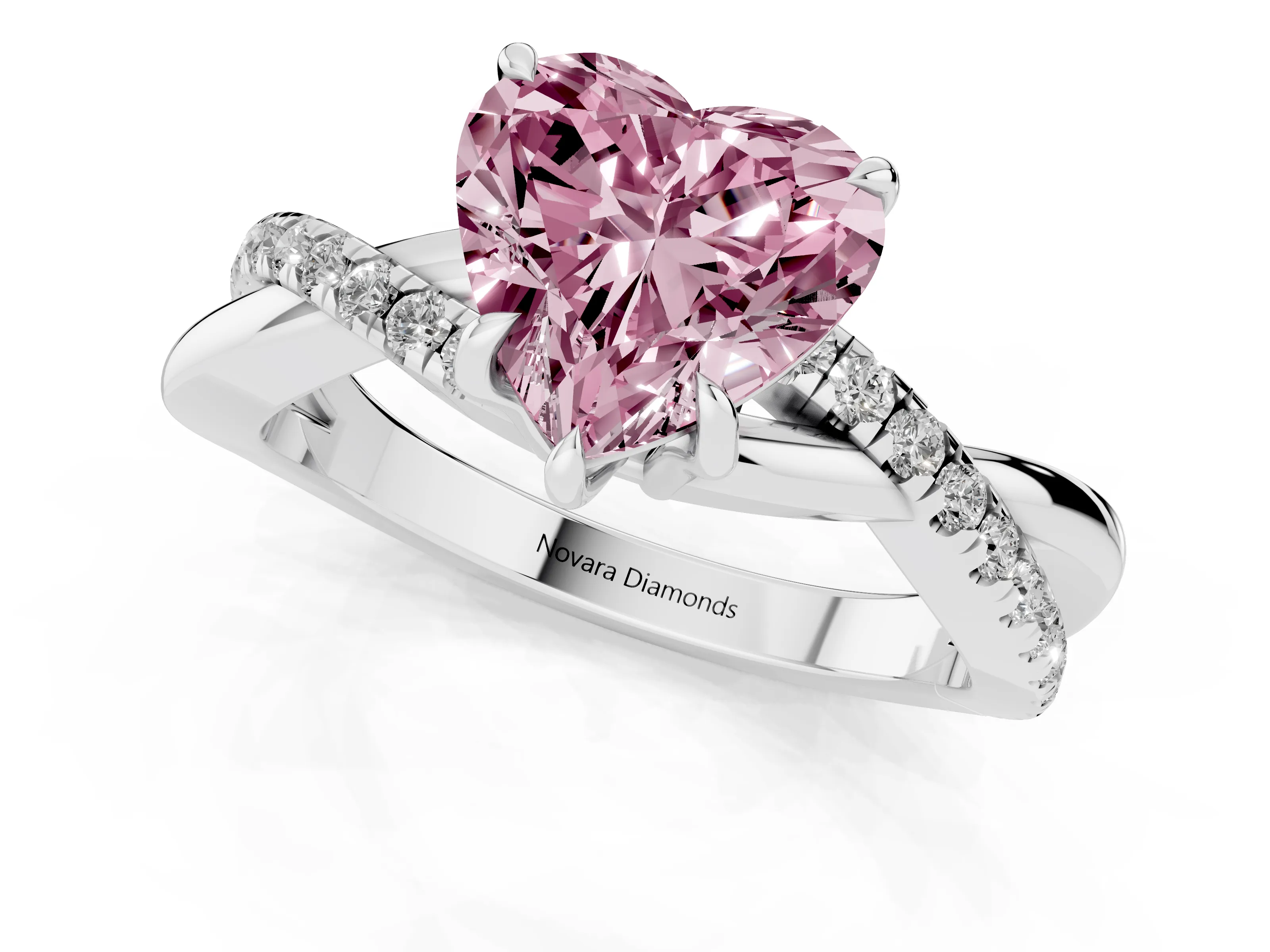 Fancy Pink Heart Cut Diamond Twisted Pavé Band Ring Set in Silver with Prong Setting