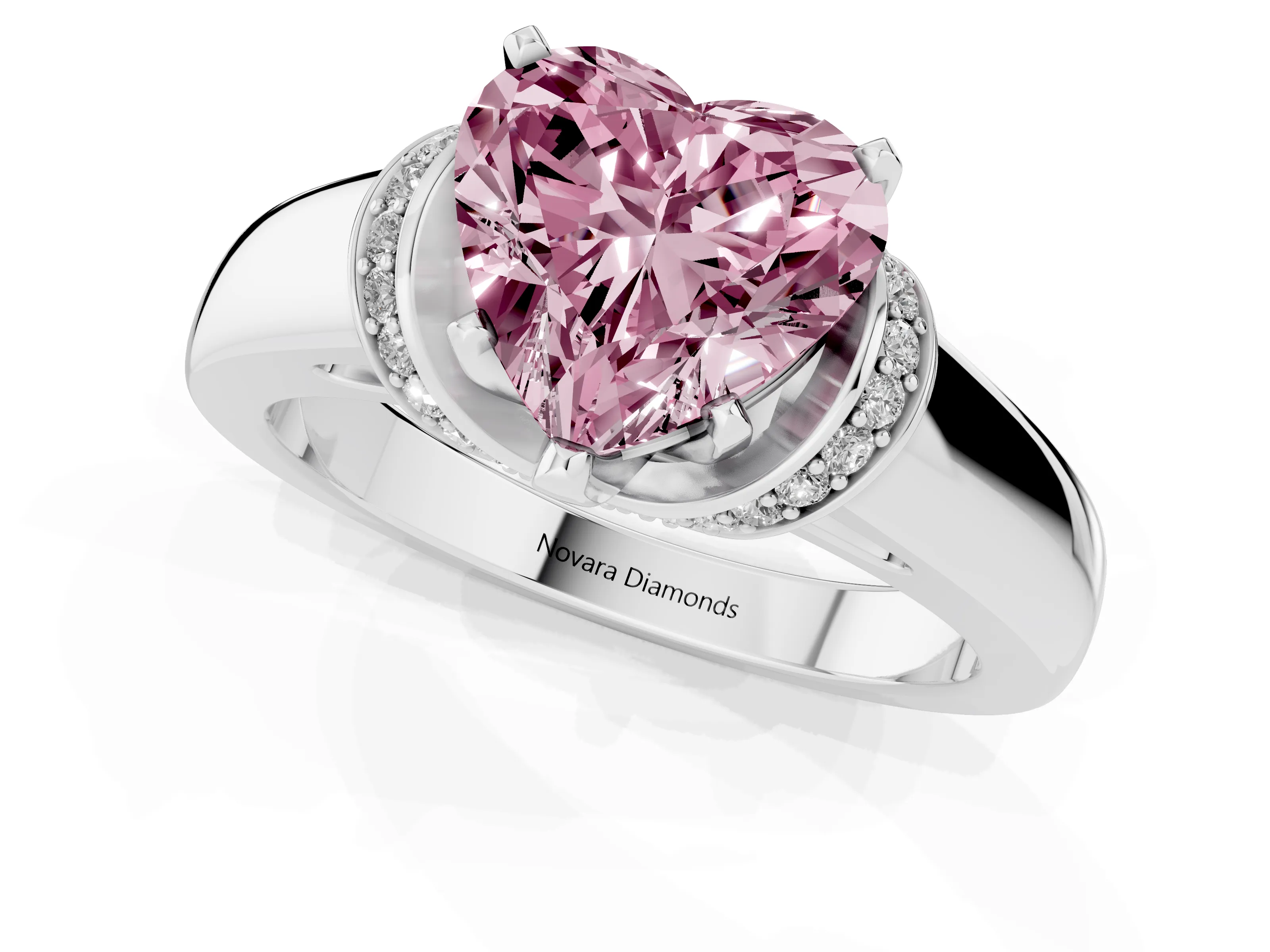 Fancy Pink Heart Cut Diamond Pavé Band Solitaire Ring Set in Platinum with Prong Setting