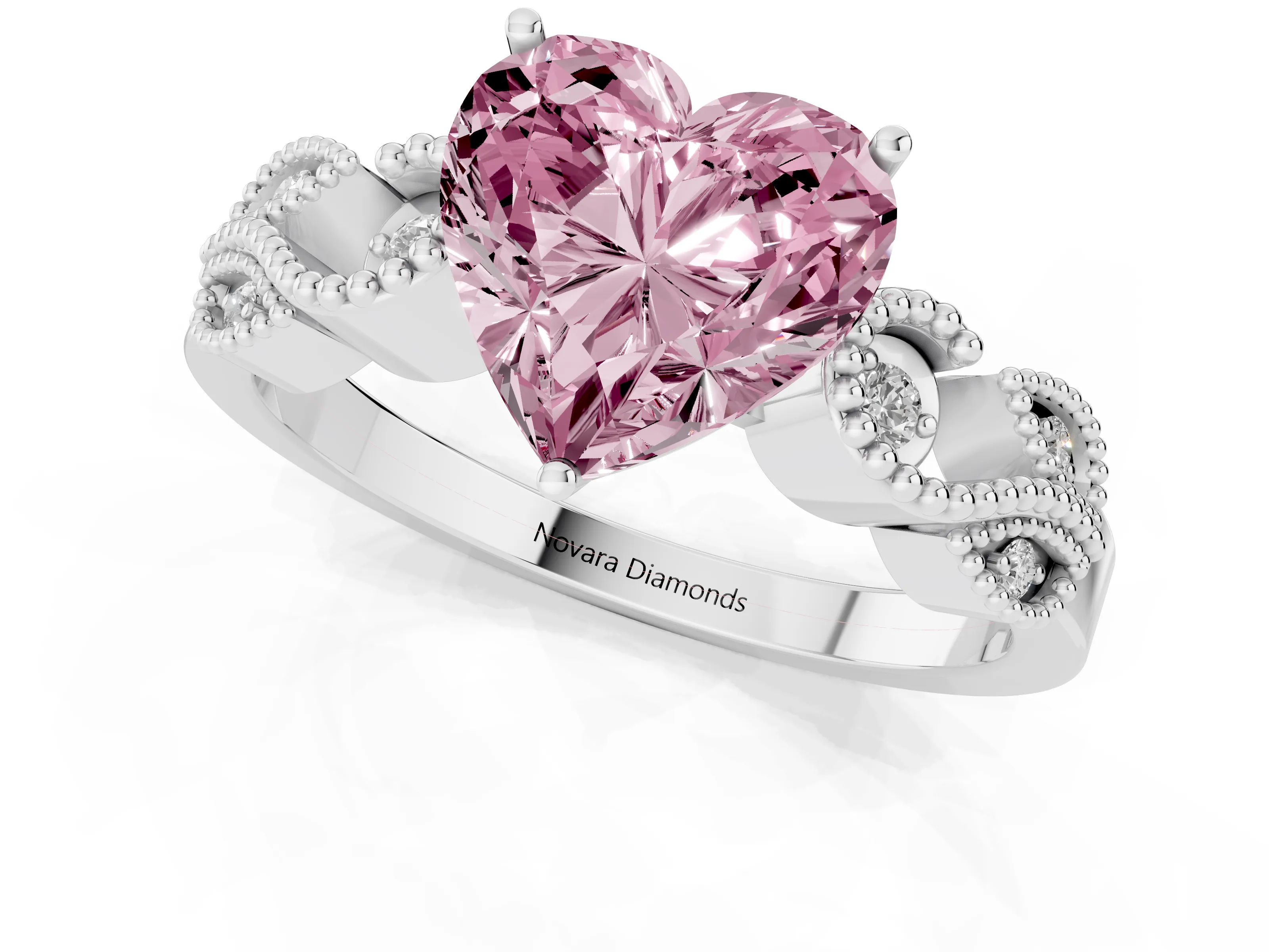 Fancy Pink Heart Cut Diamond Milgrain Leaf Band Solitaire Ring Set in White gold with Accent Stones and Prong Setting