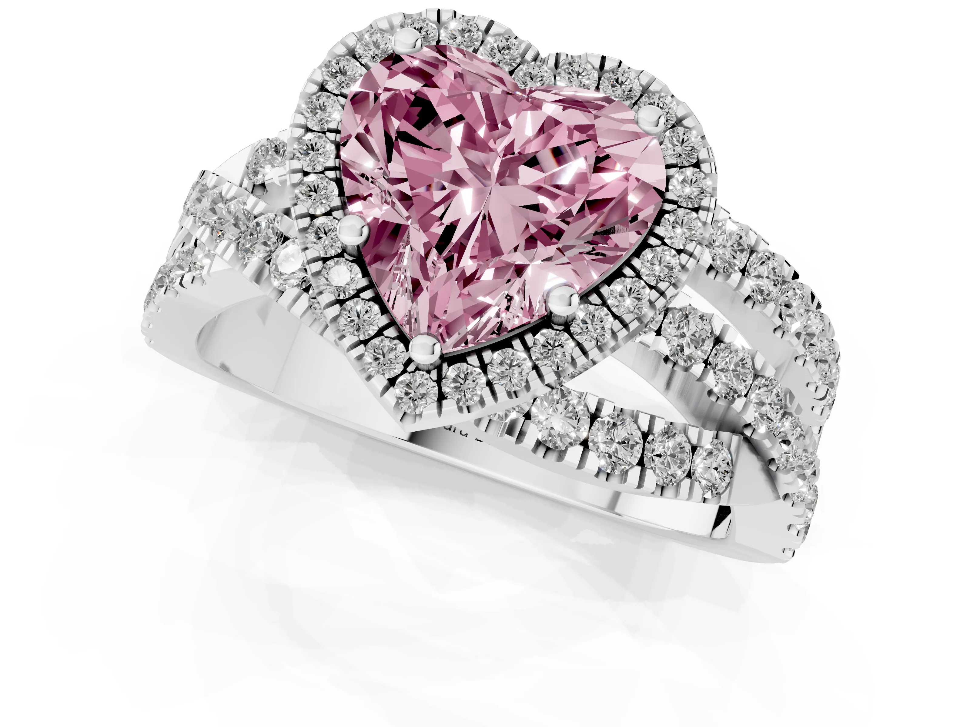 Fancy Pink Heart Cut Diamond Halo Ring Set in Silver with Round Crossover Split Shank and Prong Setting