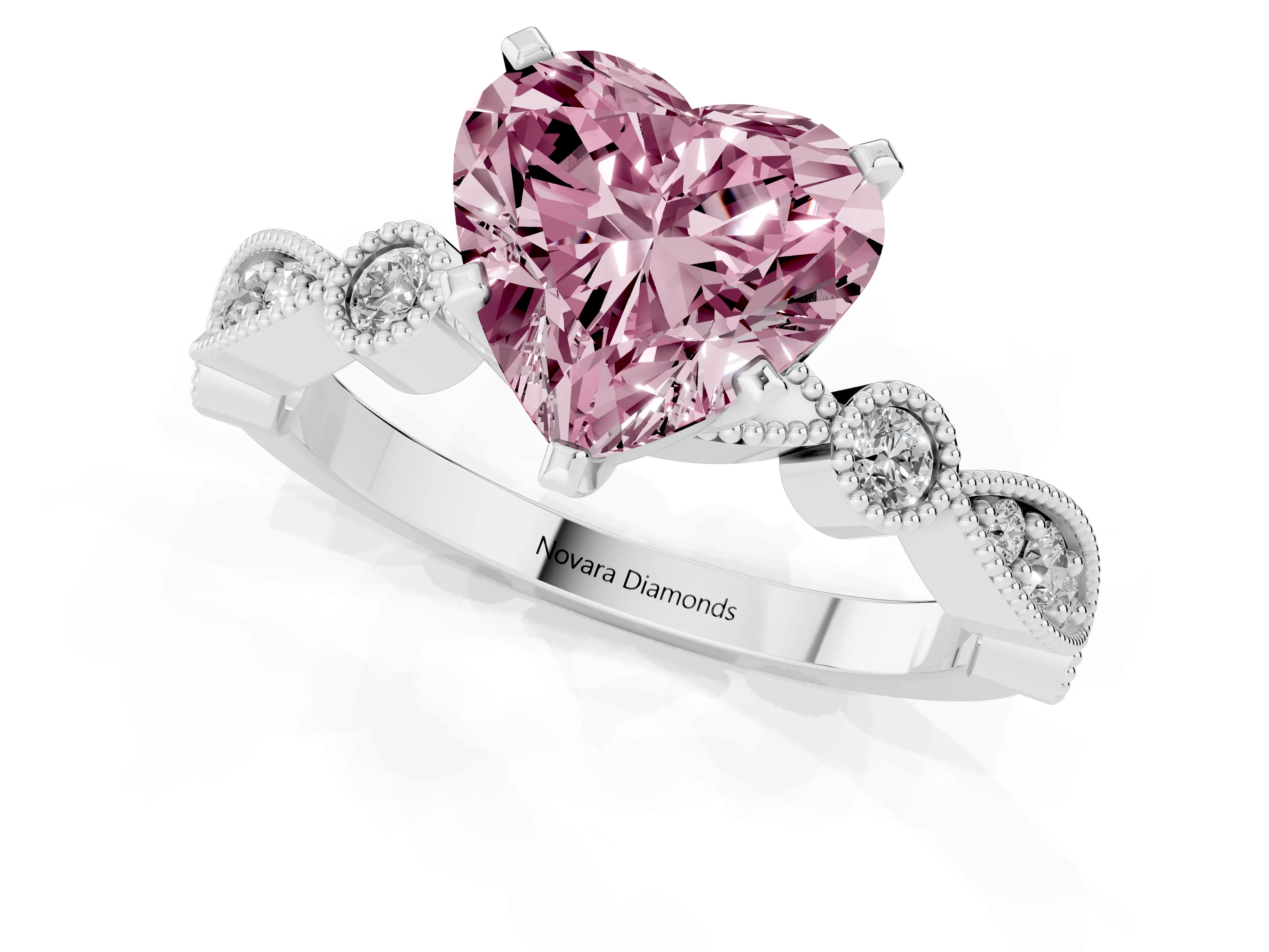 Fancy Pink Heart Cut Diamond Solitaire Engagement Ring Set in Silver with Milgrain Bezel Accent Band