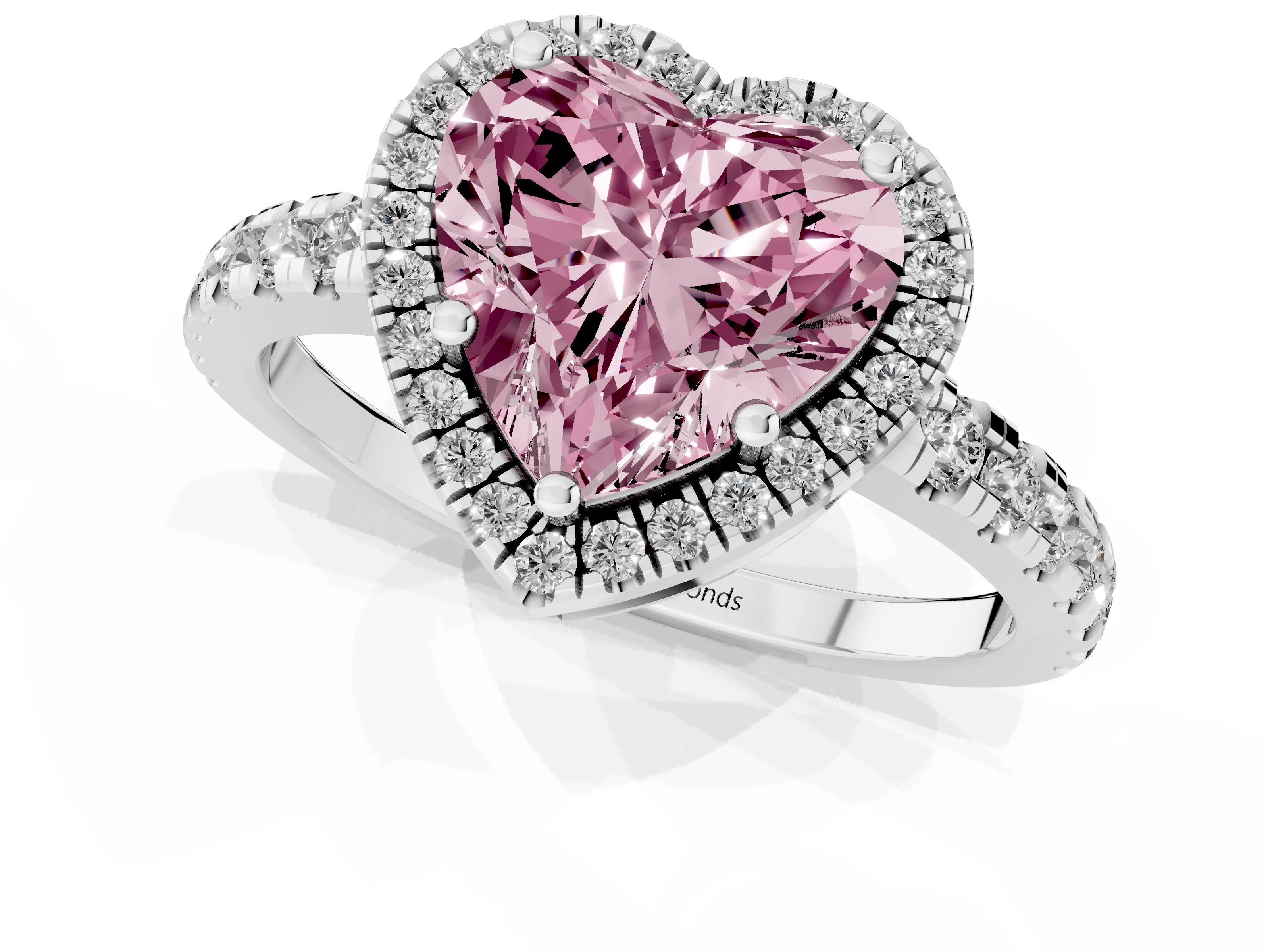 Fancy Pink Heart Cut Diamond Halo Ring Set in Platinum with Delicate Pavé Band and Prong Setting
