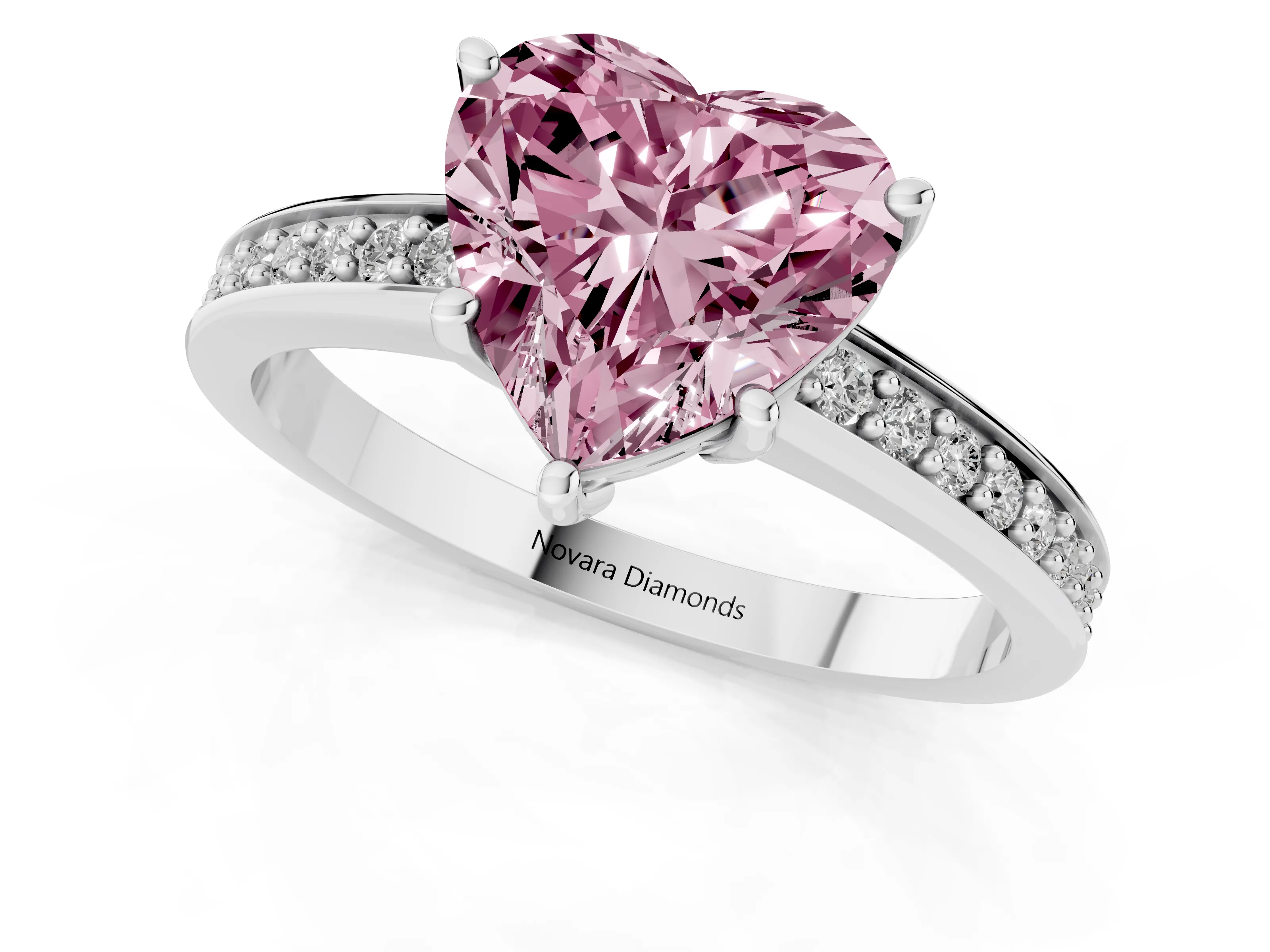 Fancy Pink Heart Cut Diamond Pavé Band Prong Set Solitaire Ring Set in Silver