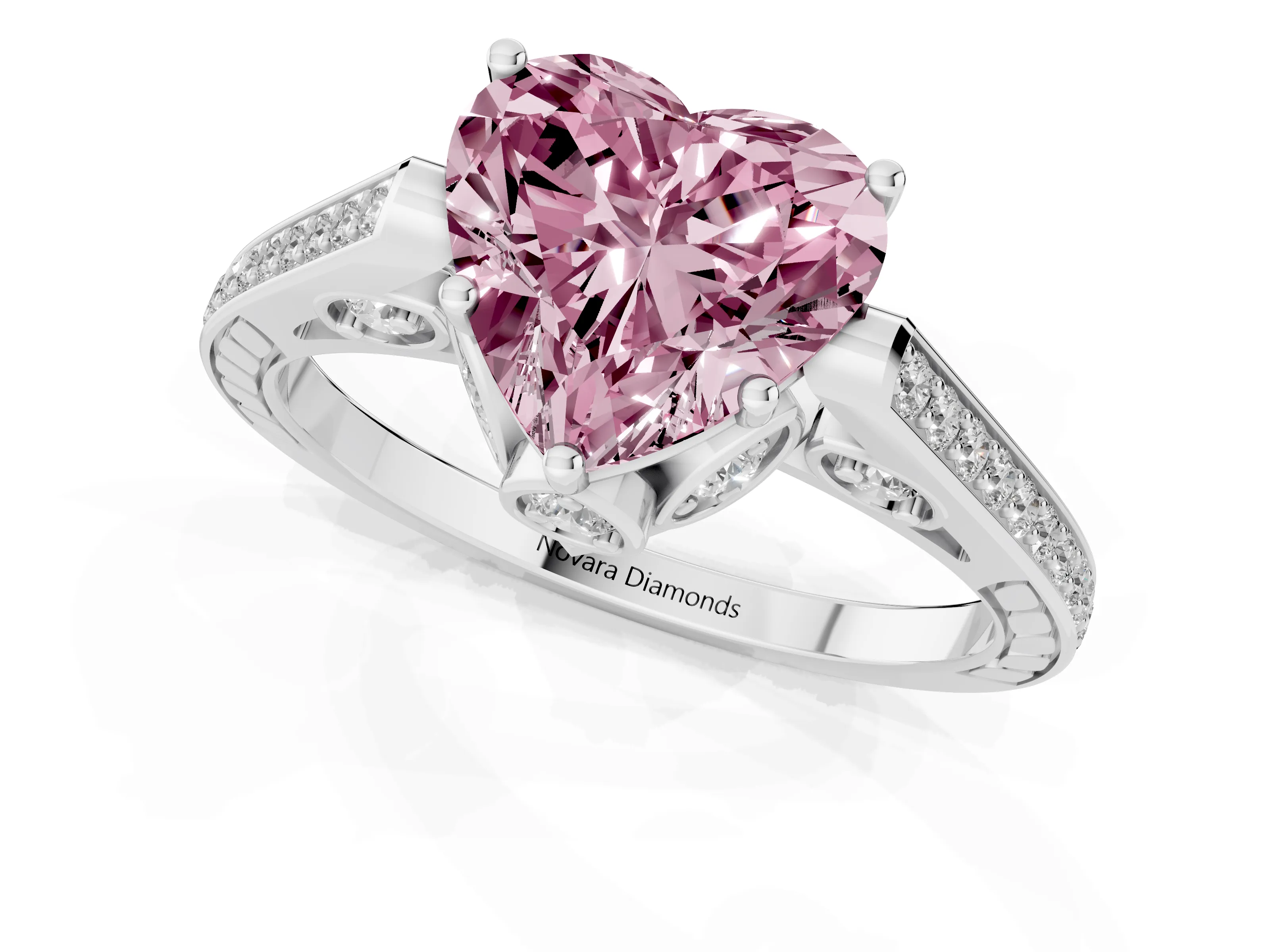 Fancy Pink Heart Cut Diamond Cathedral Pavé Engagement Ring Set in Platinum with Prong Setting
