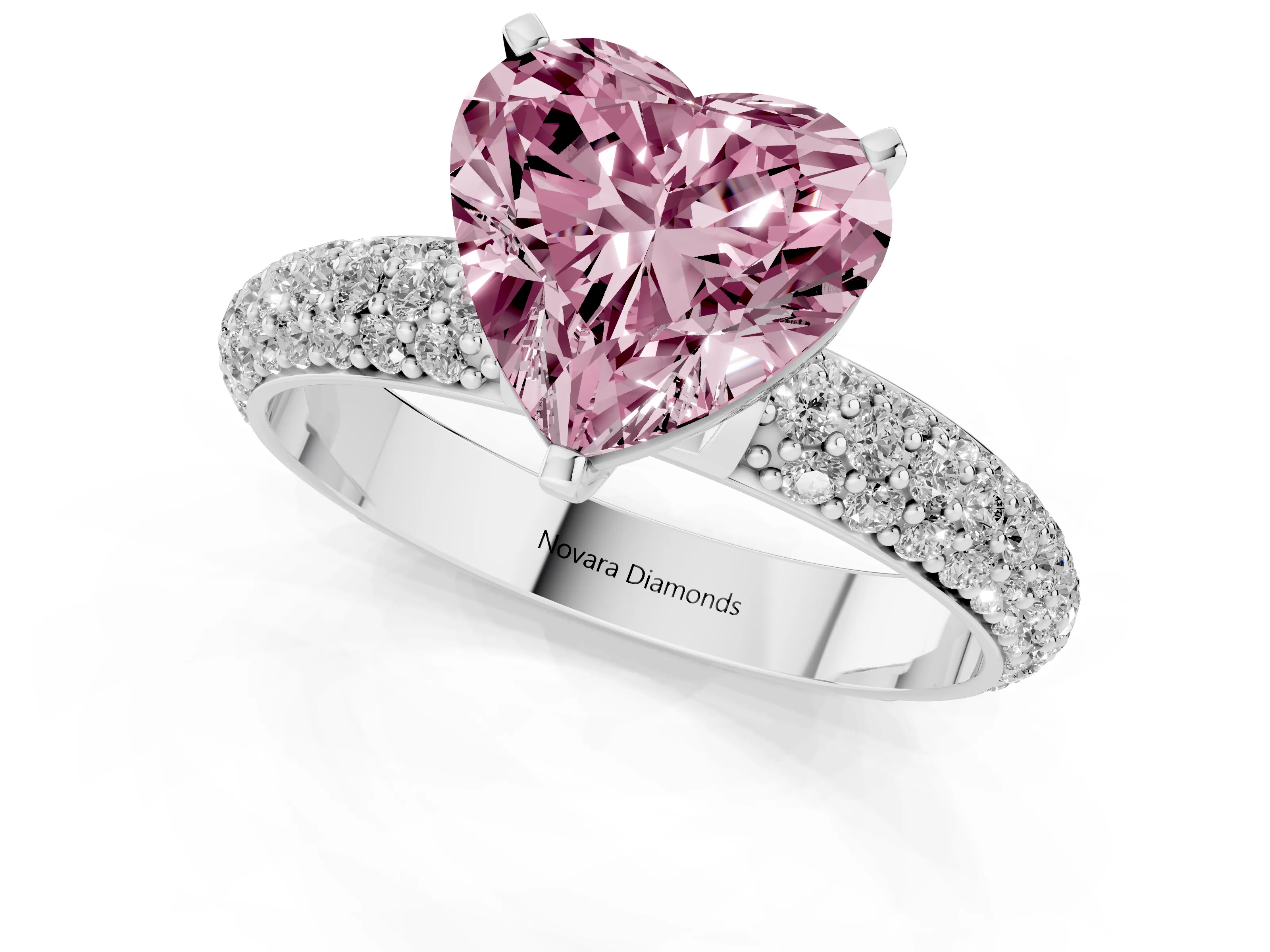 Fancy Pink Heart Cut Diamond Solitaire Ring Set in Silver with Prong Setting and Pavé-Set Band