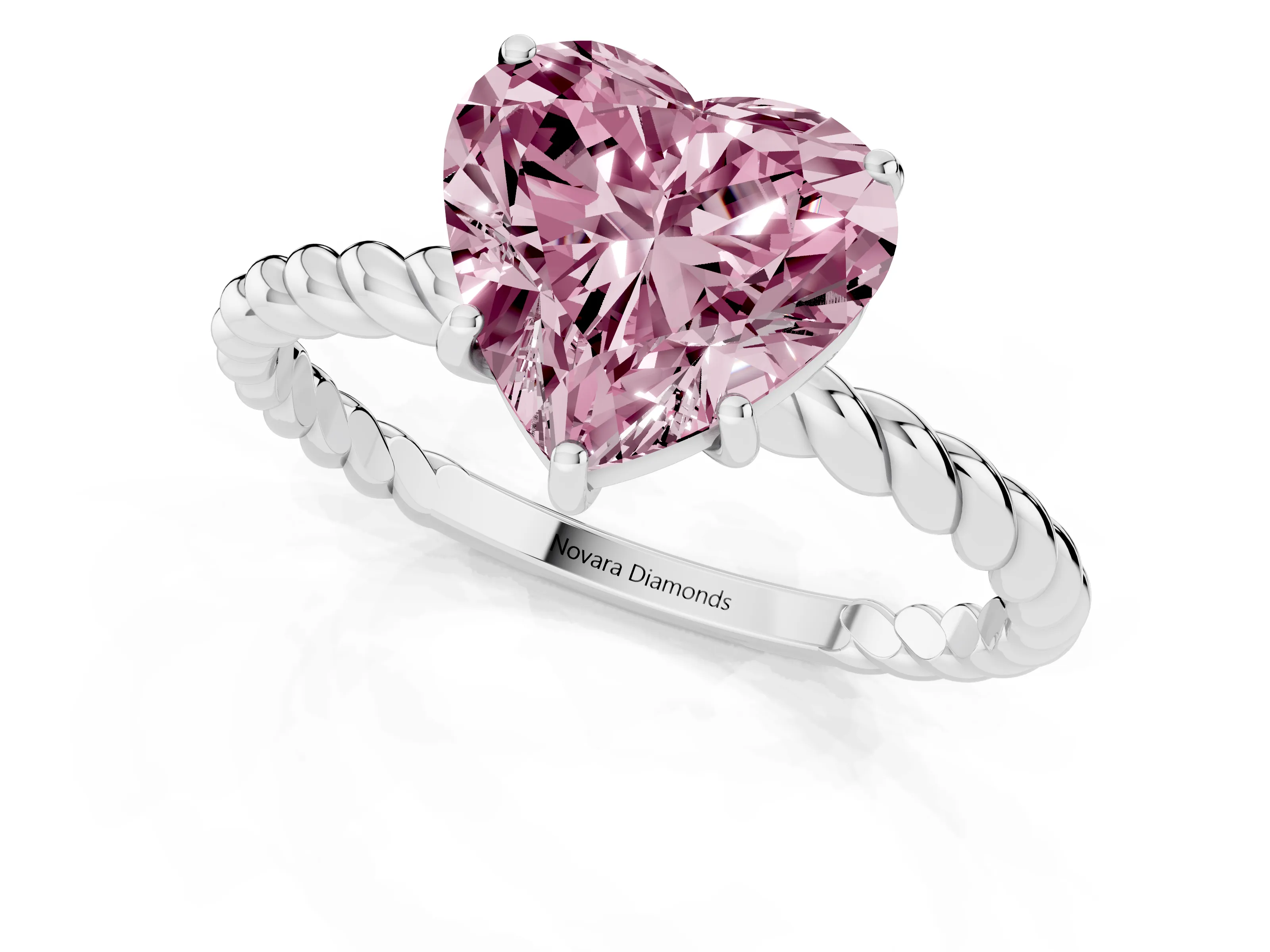 Fancy Pink Heart Cut Diamond Solitaire Ring Set in White gold with Twist Band and Prong Setting