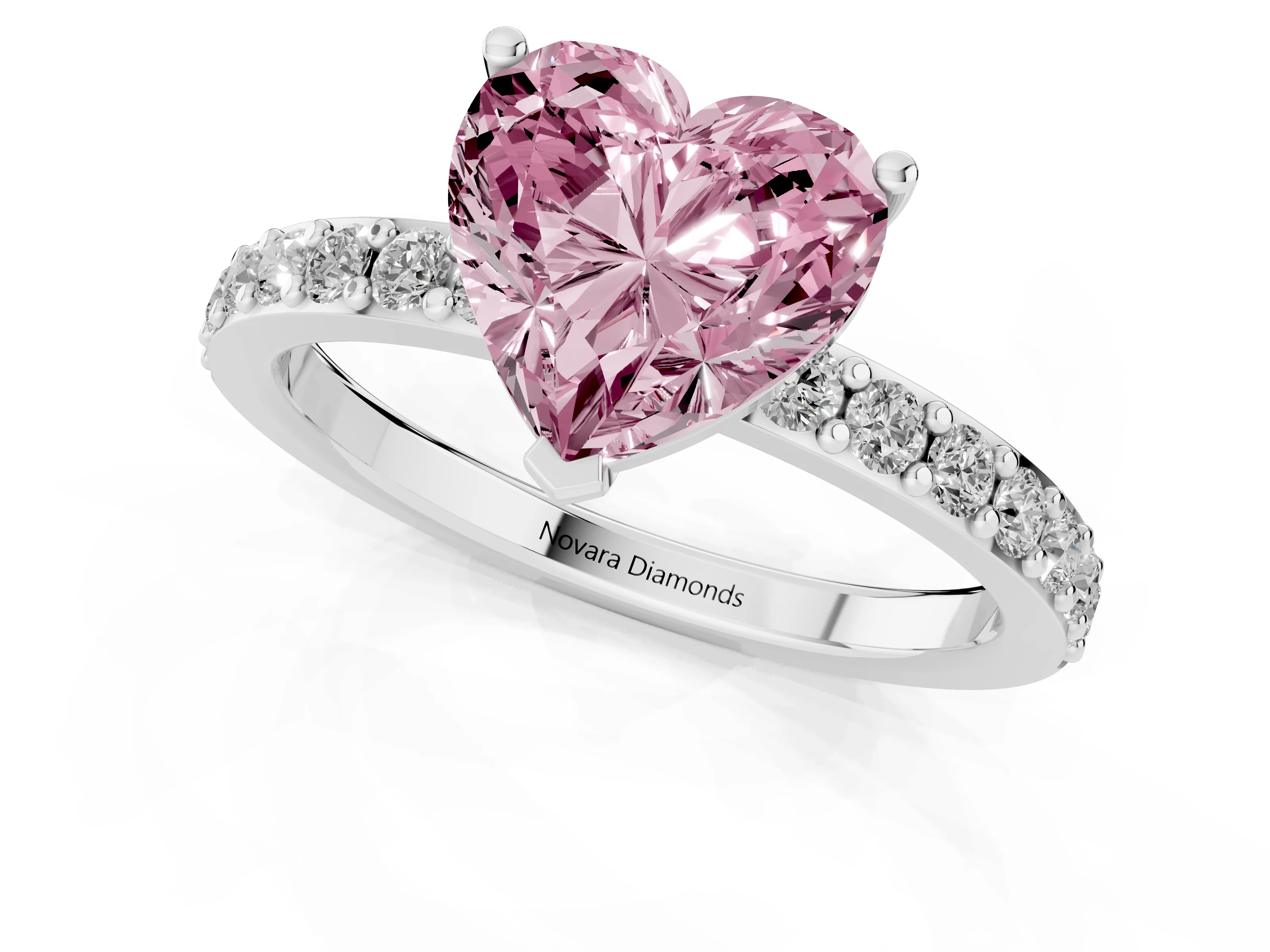 Fancy Pink Heart Cut Diamond Solitaire Set in White gold with Round Pavé Band and Prong Setting