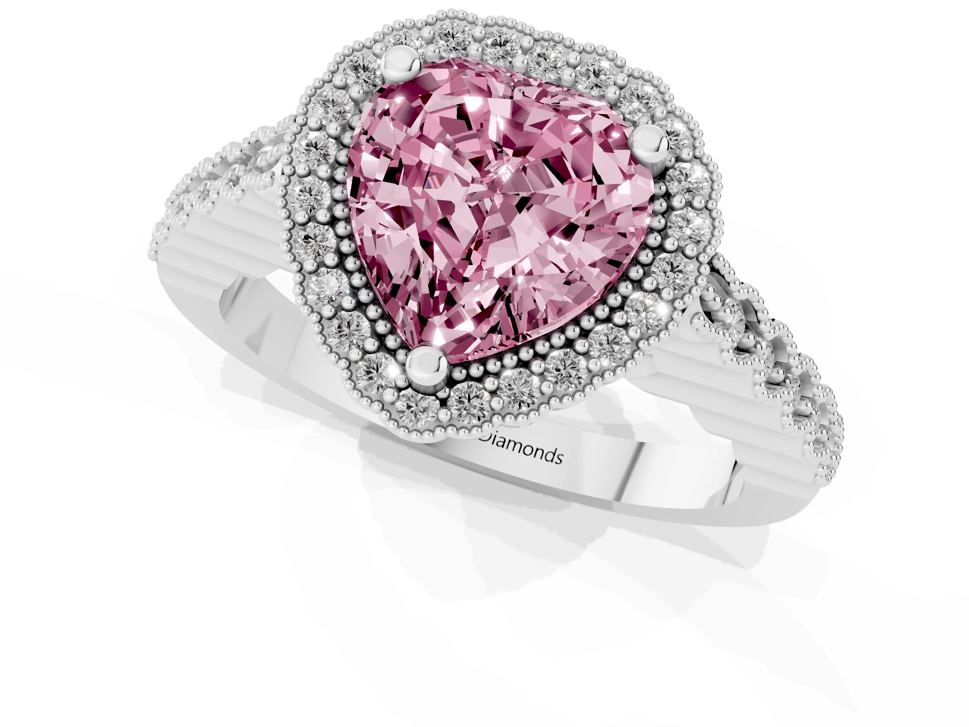 Fancy Pink Heart Cut Diamond Halo Ring Set in Platinum with Pavé Milgrain Band