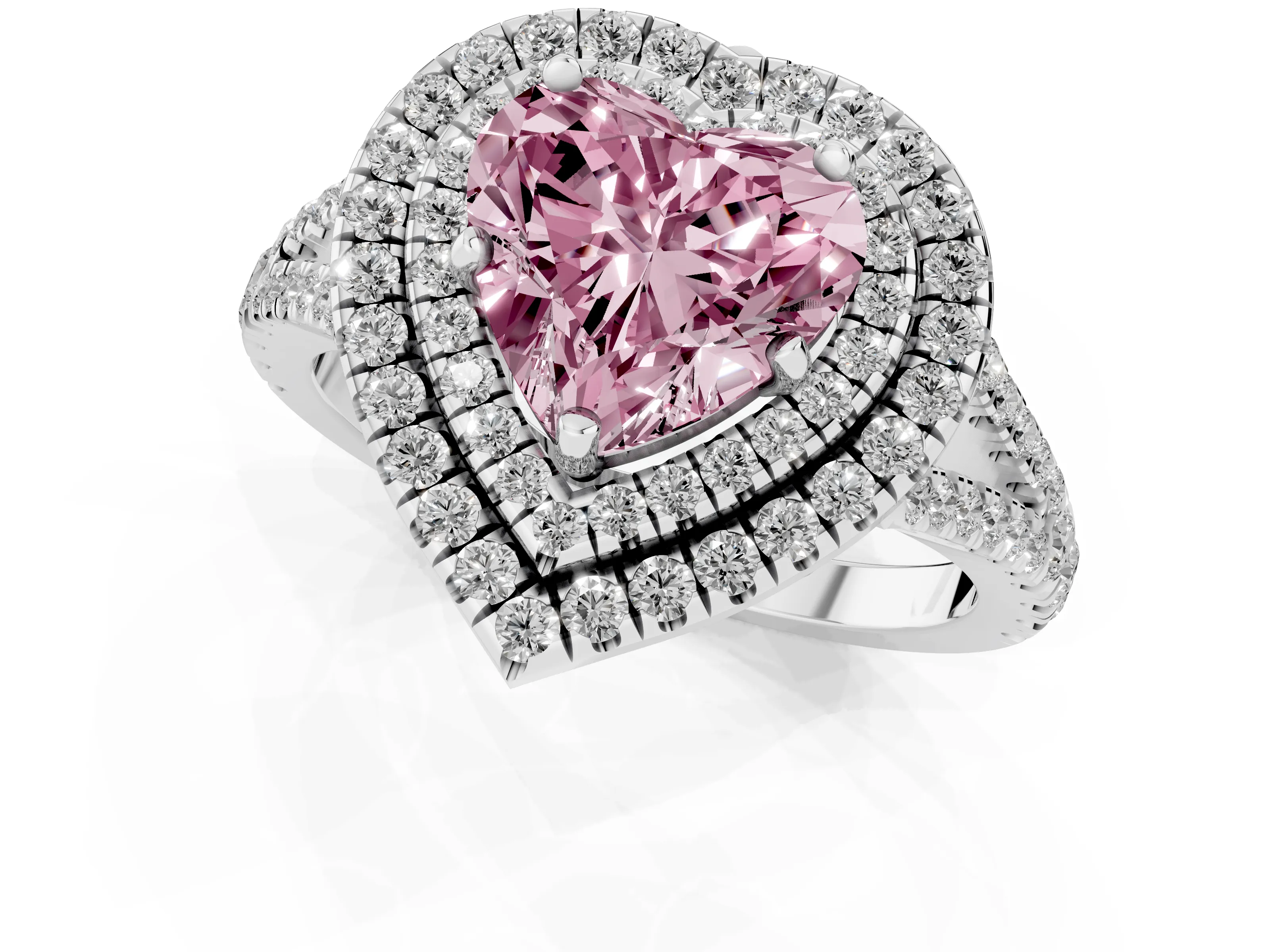 Fancy Pink Heart Cut Diamond Double Halo Ring Set in White gold with Pavé Band – second view