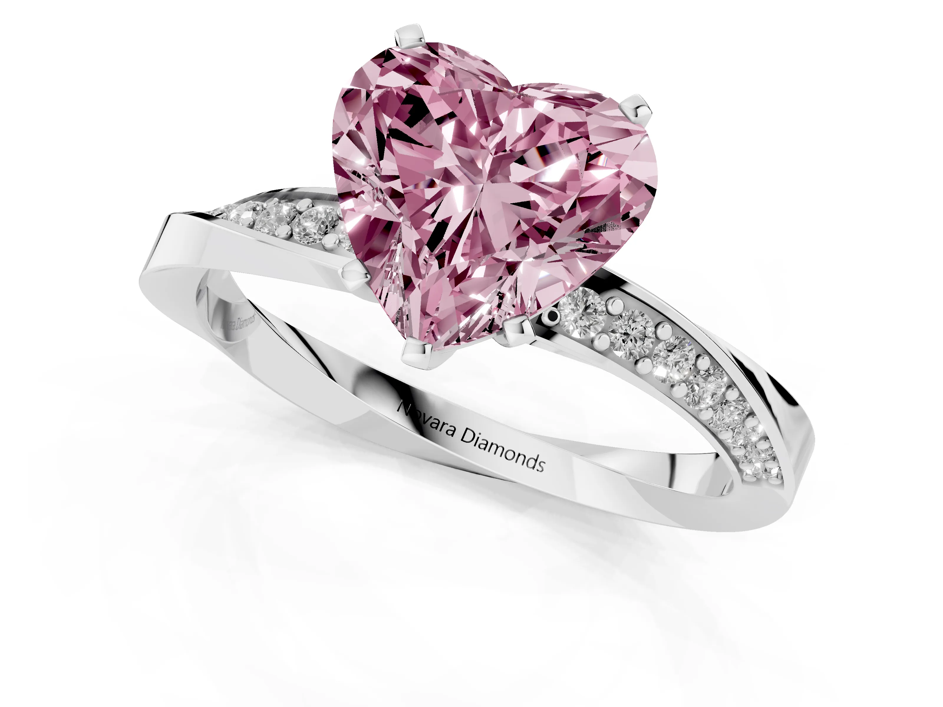 Fancy Pink Heart Cut Diamond Engagement Ring Set in Platinum with Side Stone Accents and Prong Setting