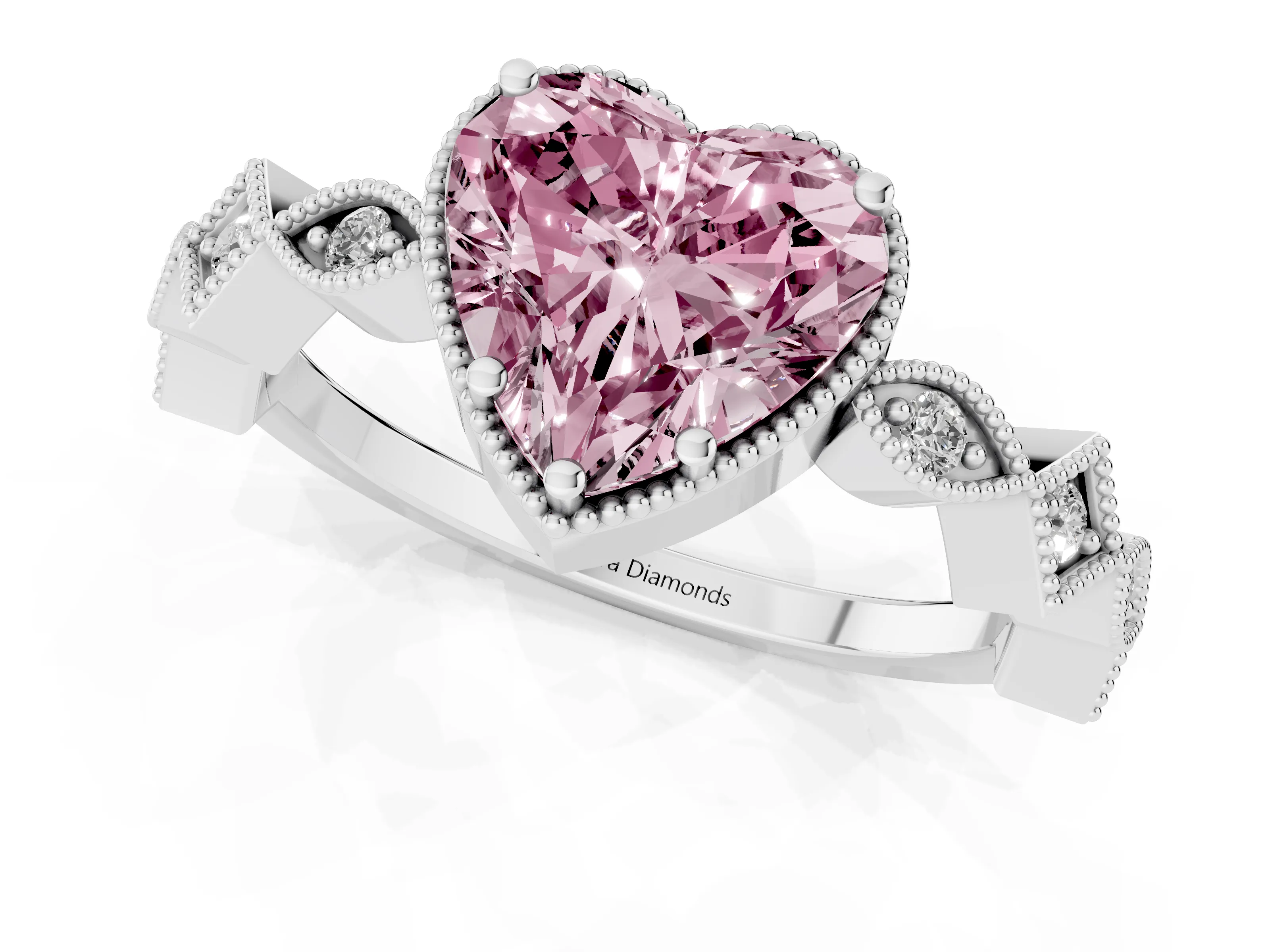 Fancy Pink Heart Cut Diamond Milgrain Marquise Twist Band Ring Set in White gold with Prong Setting