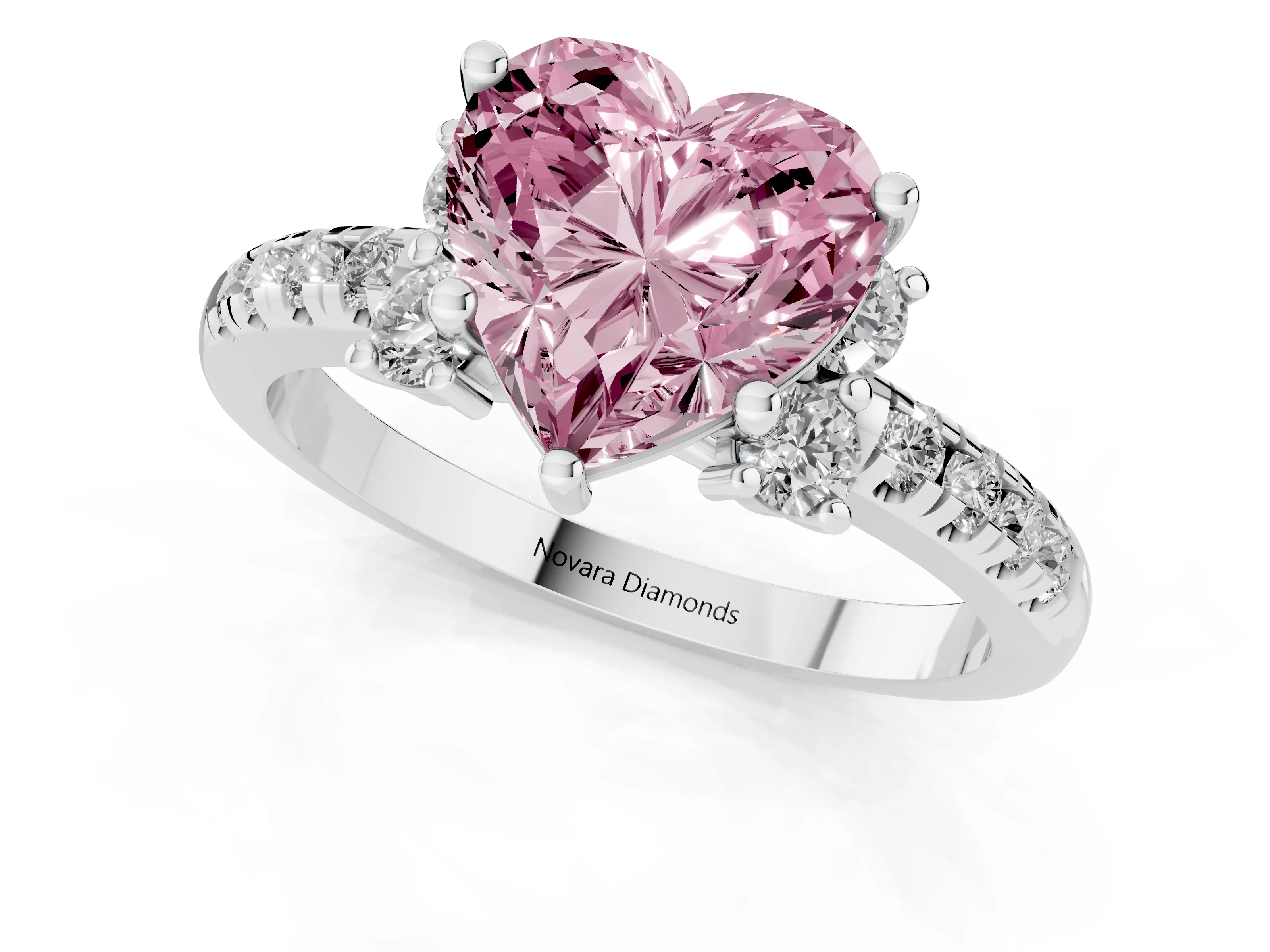 Fancy Pink Heart Cut Diamond Three-Stone Pavé Ring Set in Silver with Prong Setting