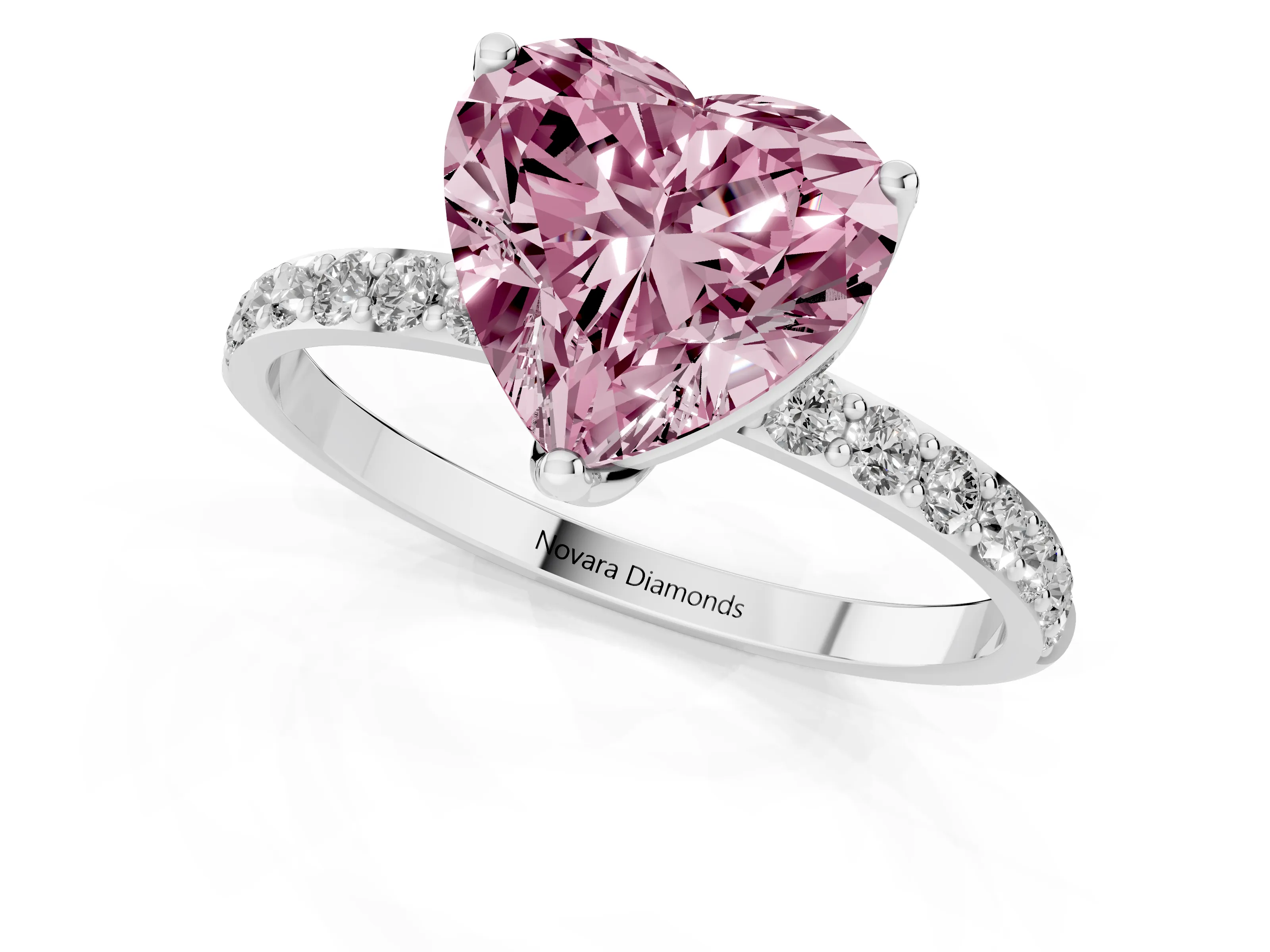 Fancy Pink Heart Cut Diamond Solitaire Engagement Ring Set in Platinum with Round Pavé Band and Prong Setting
