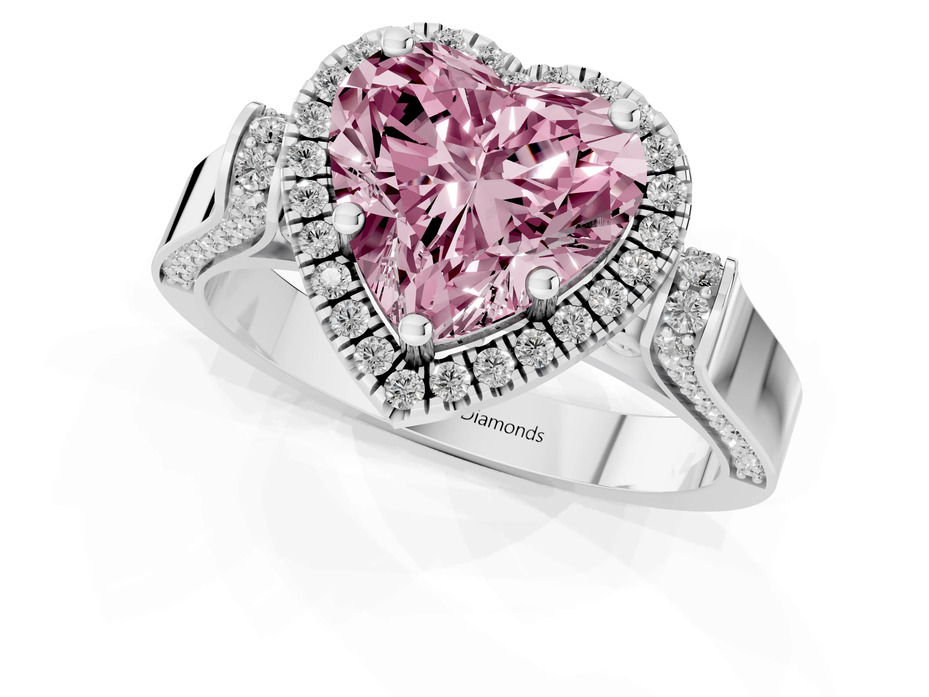 Fancy Pink Heart Cut Diamond Halo Ring Set in Platinum with Twist Band and Pavé Accents