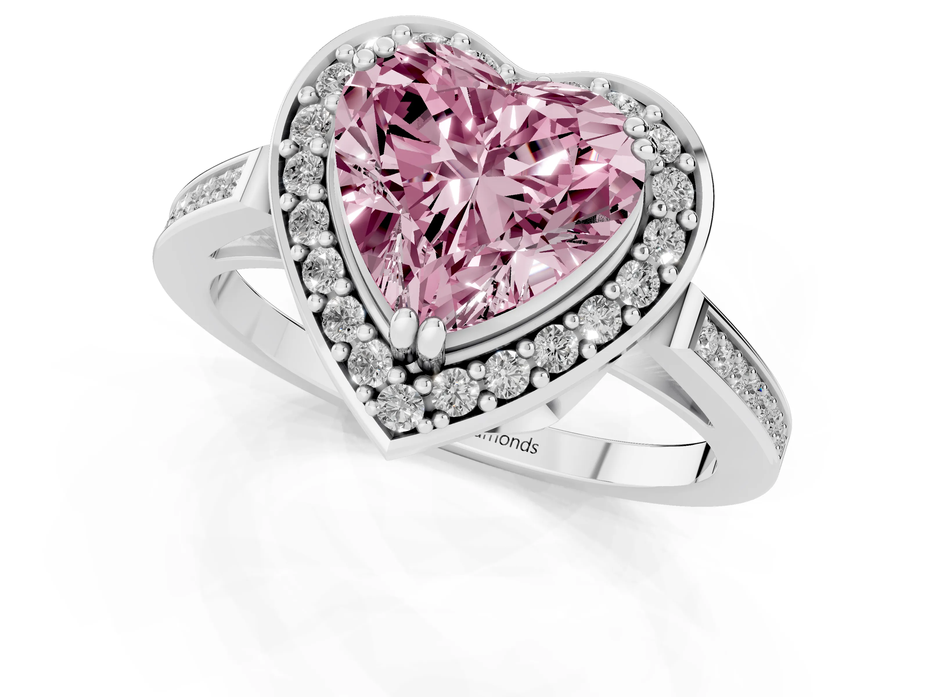 Fancy Pink Heart Cut Diamond Halo Ring Set in White gold with Accent-Lined Split Shank and Prong Setting