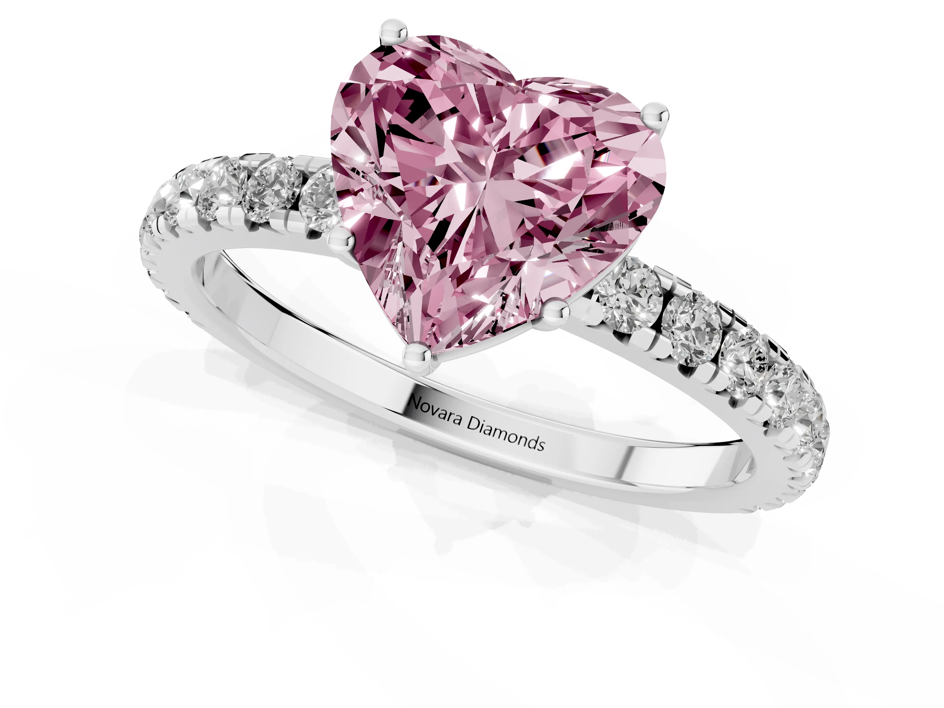 Fancy Pink Heart Cut Diamond Pavé Solitaire Engagement Ring Set in White gold with Prong Setting