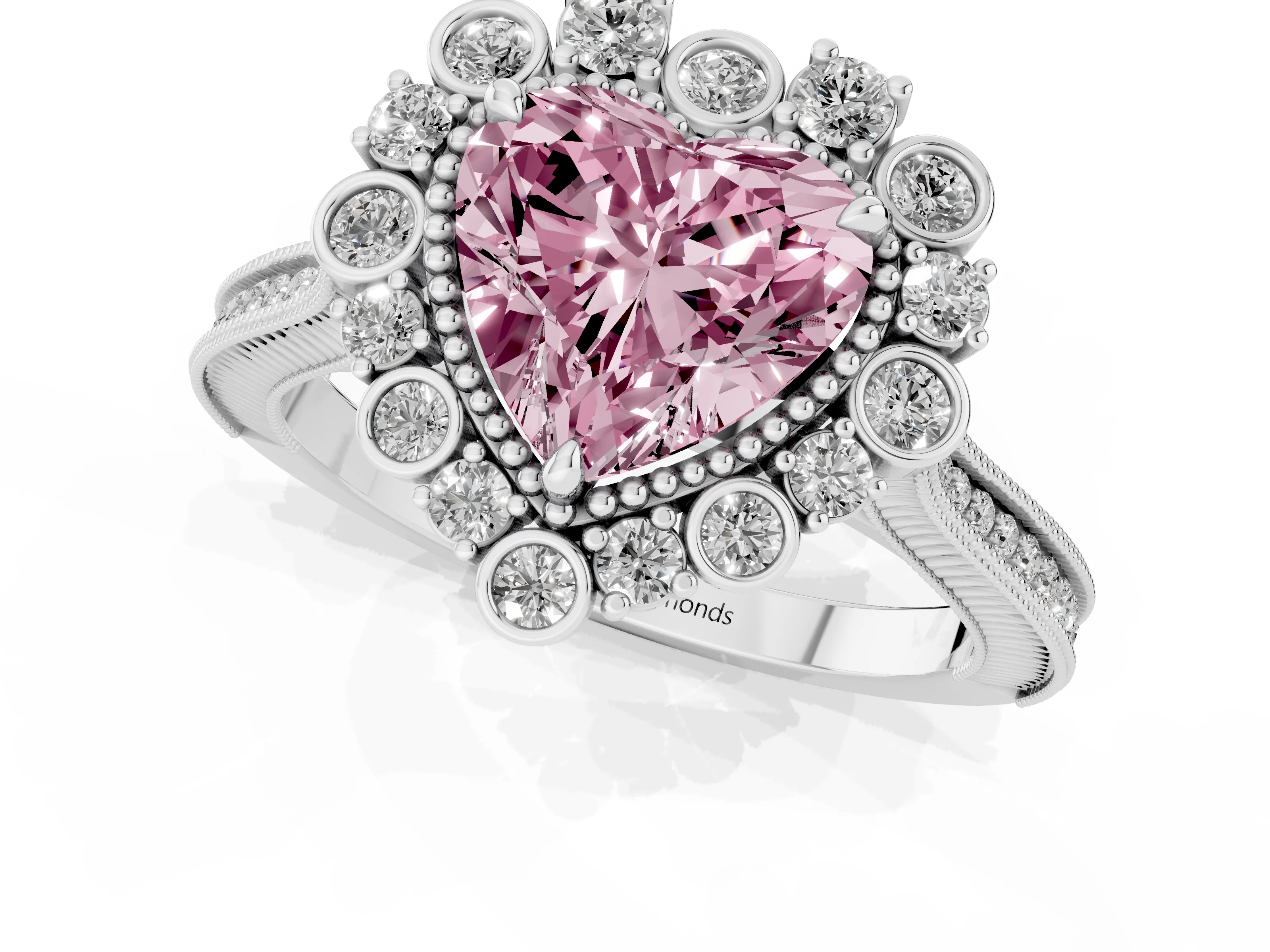 Fancy Pink Heart Cut Diamond Halo Milgrain Pavé Ring Set in White gold with Prong Setting