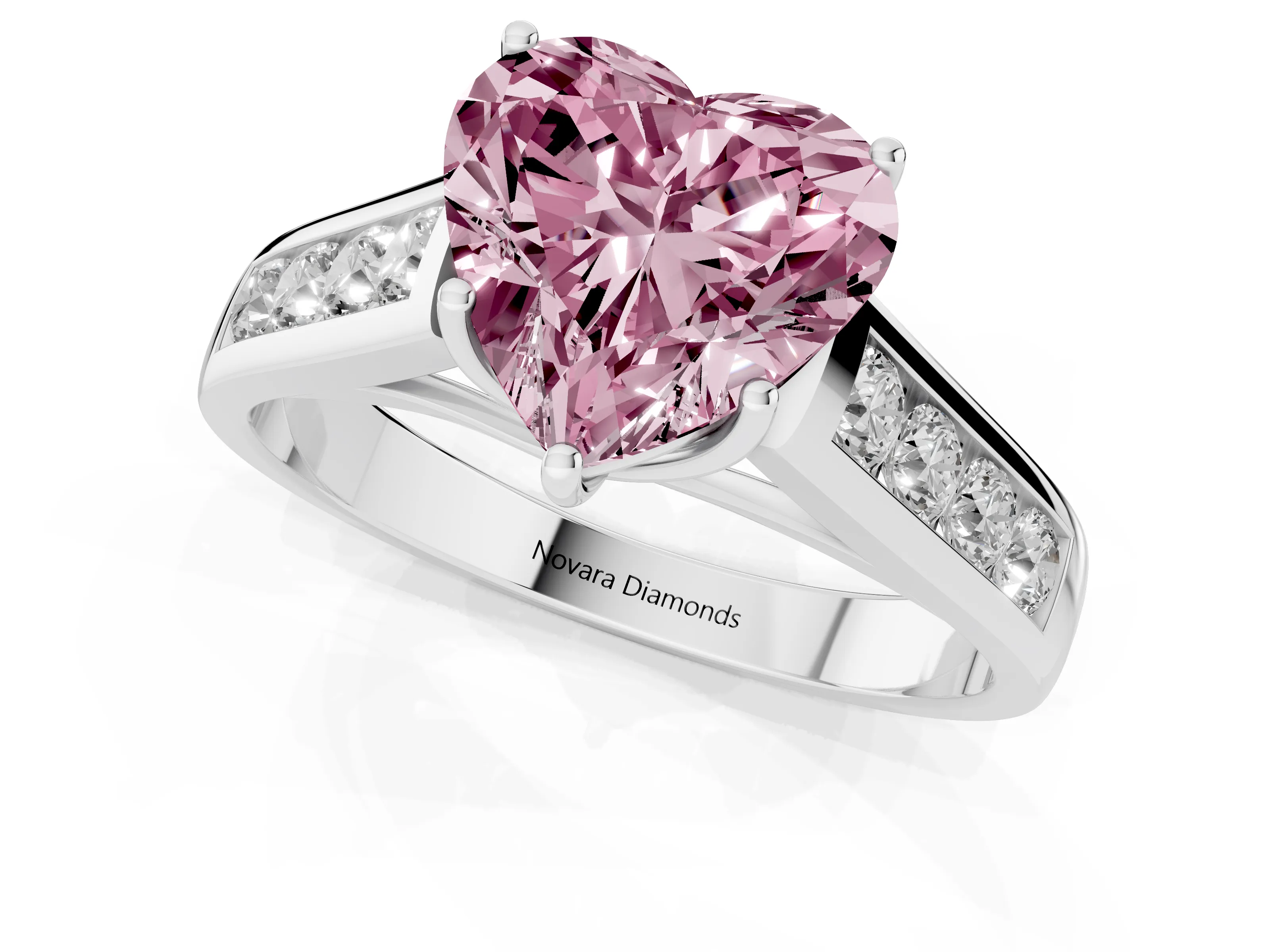 Fancy Pink Heart Cut Diamond Solitaire Channel-Set Engagement Ring Set in Silver with Prong Setting
