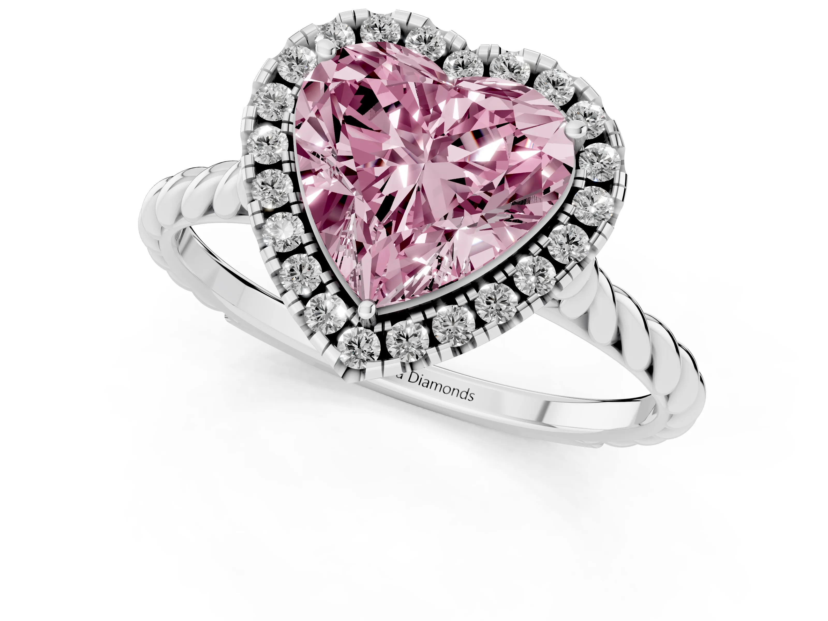 Fancy Pink Heart Cut Diamond Halo Ring Set in White gold with Plain Twisted Band