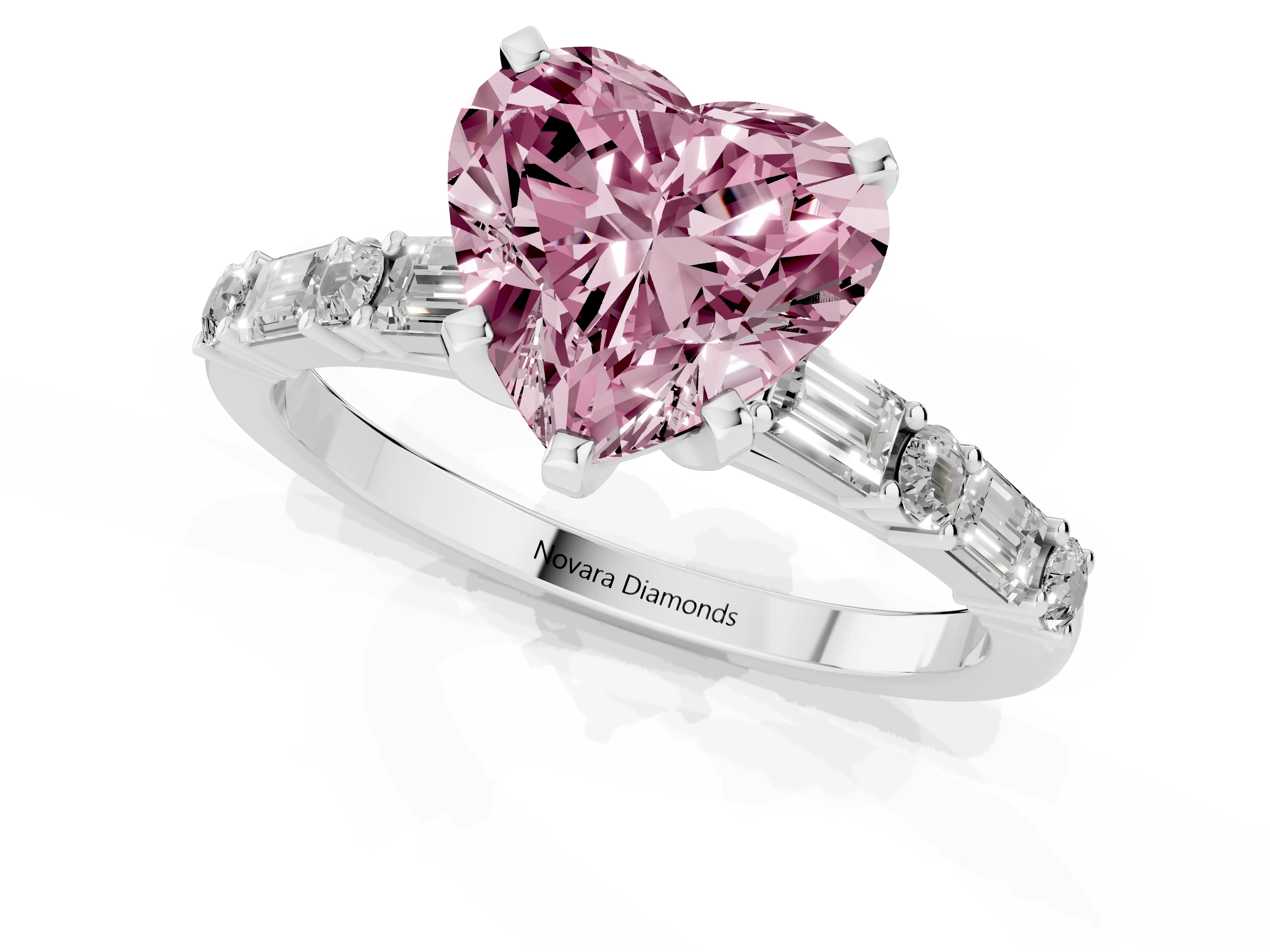 Fancy Pink Heart Cut Diamond Solitaire Set in Silver with Side Baguettes and Channel Set Band