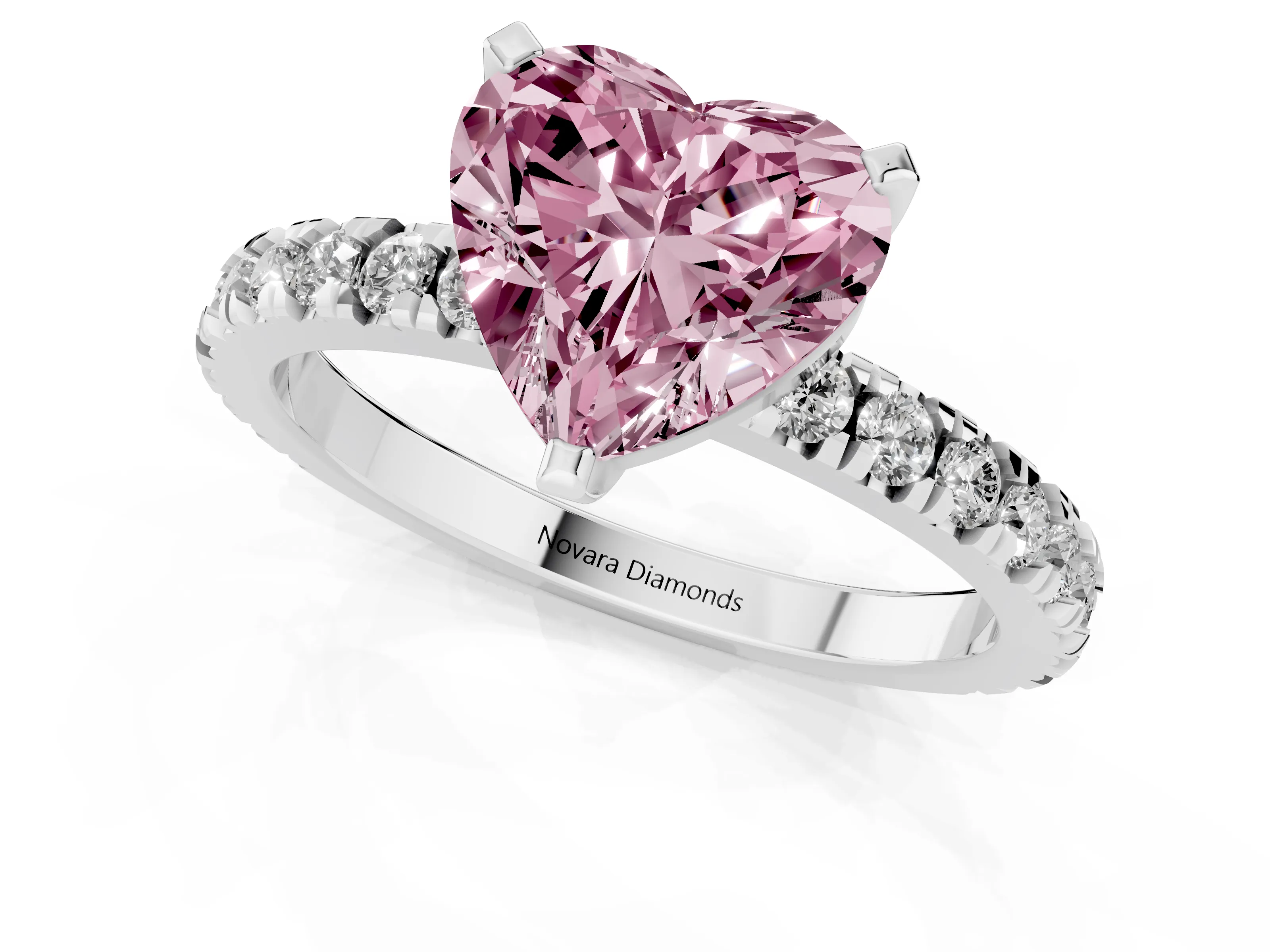 Fancy Pink Heart Cut Diamond Pavé Band Solitaire Set in Silver with Prong Setting