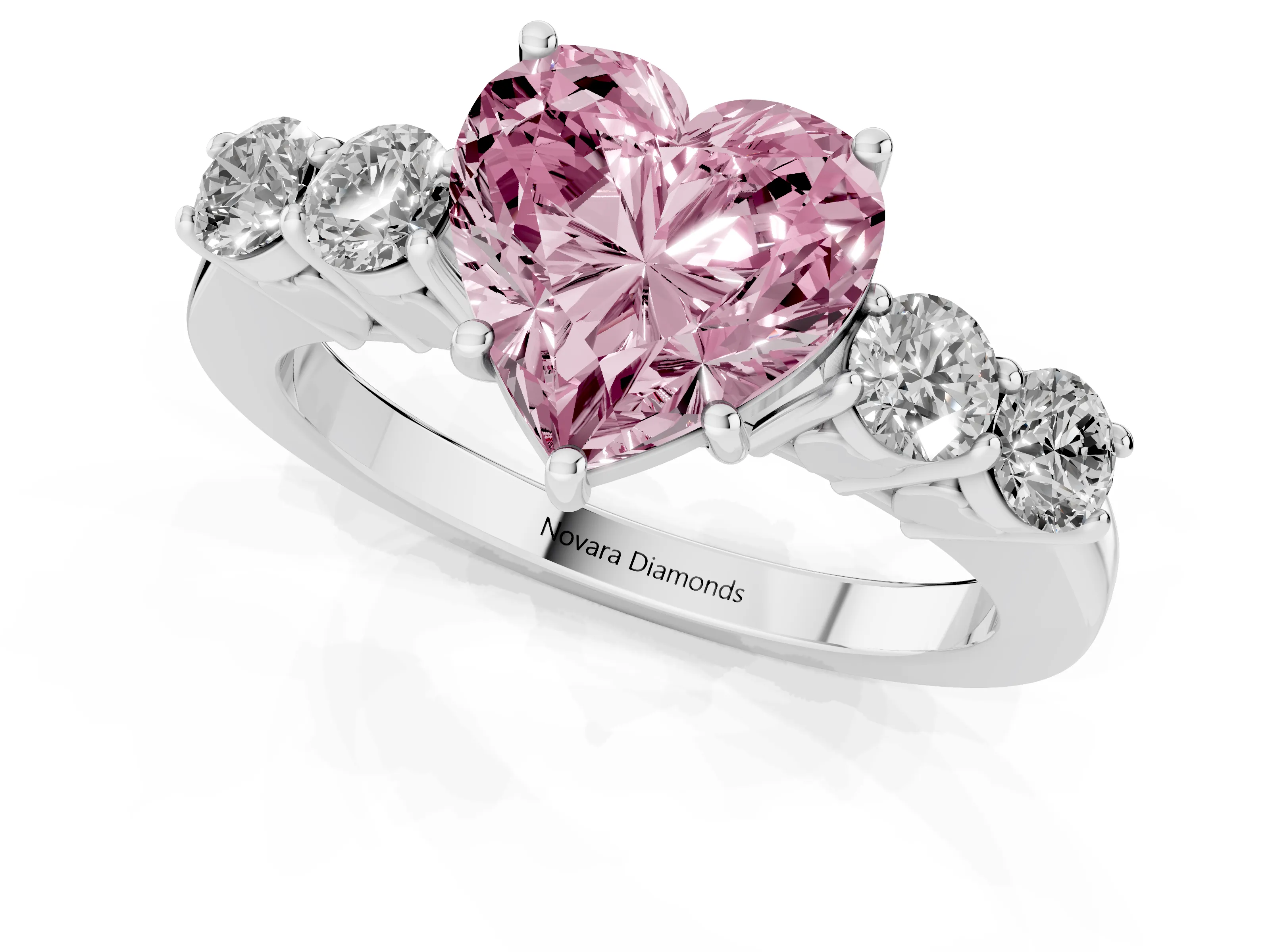 Fancy Pink Heart Cut Diamond Five-Stone Prong Set Band Ring Set in Platinum with Polished Band