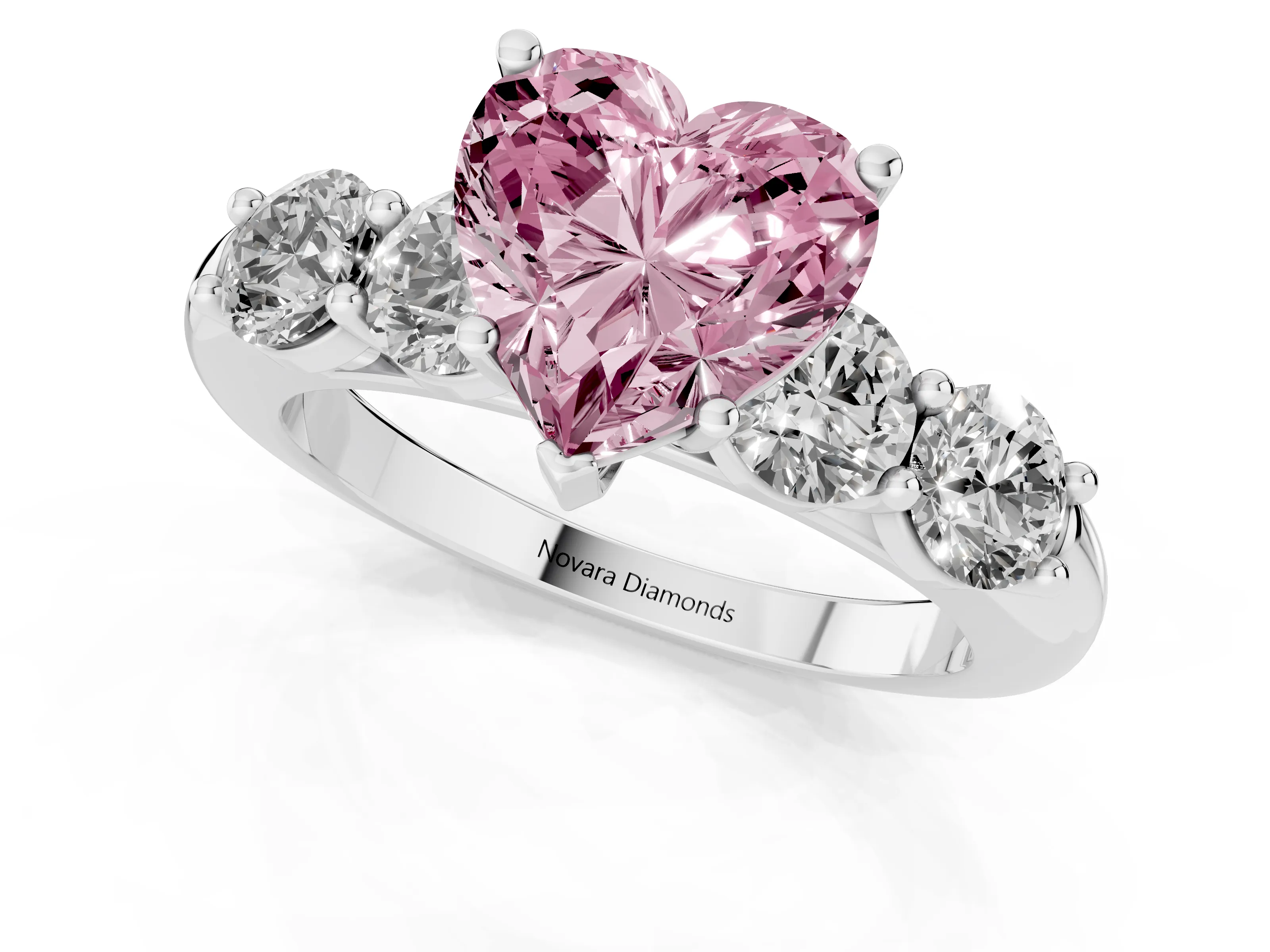 Fancy Pink Heart Cut Diamond Five-Stone Prong Set Ring Set in White gold with Classic Band