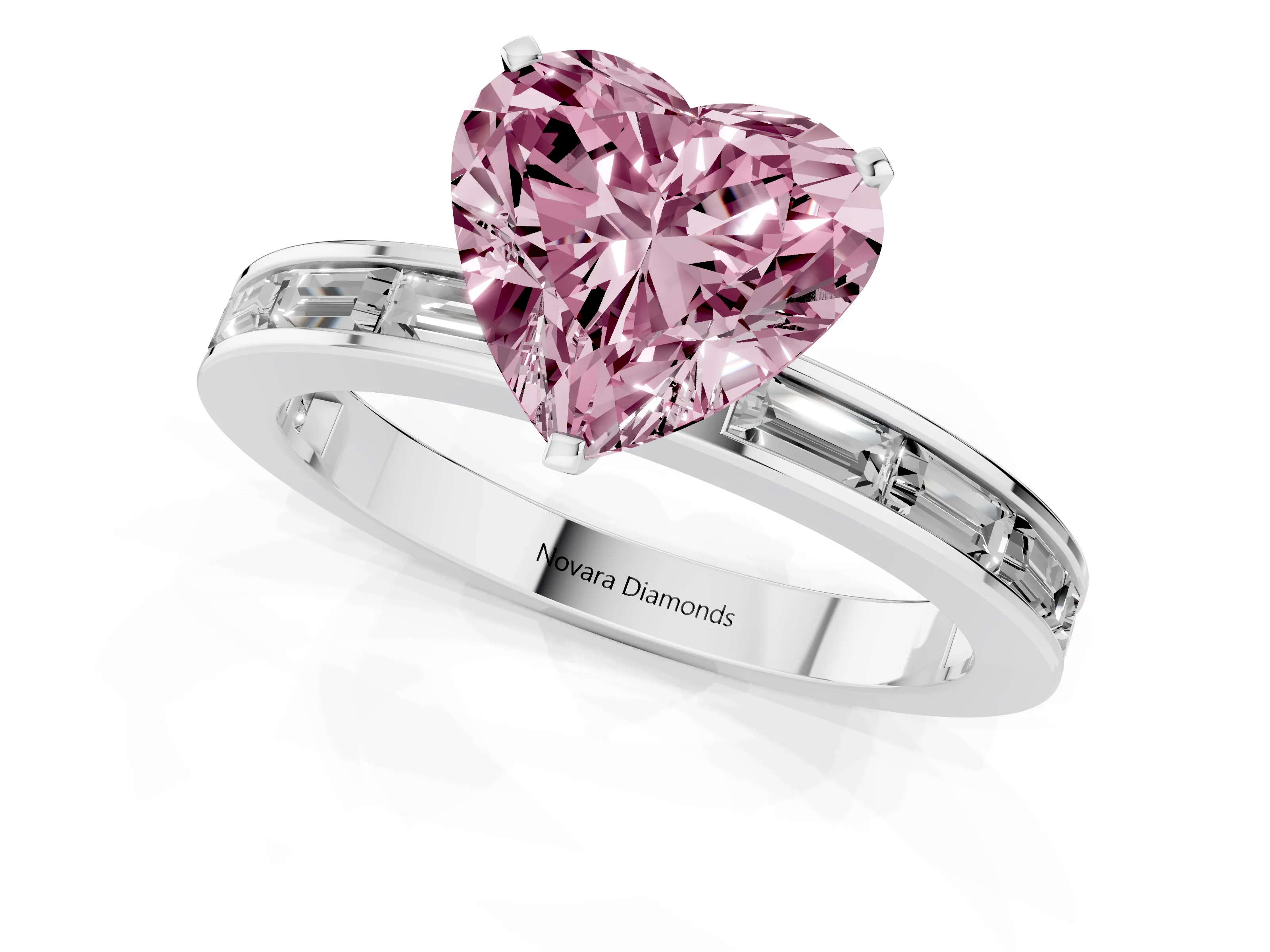 Fancy Pink Heart Cut Diamond Solitaire Ring Set in Platinum with Channel-Set Baguette Band and Prong Setting