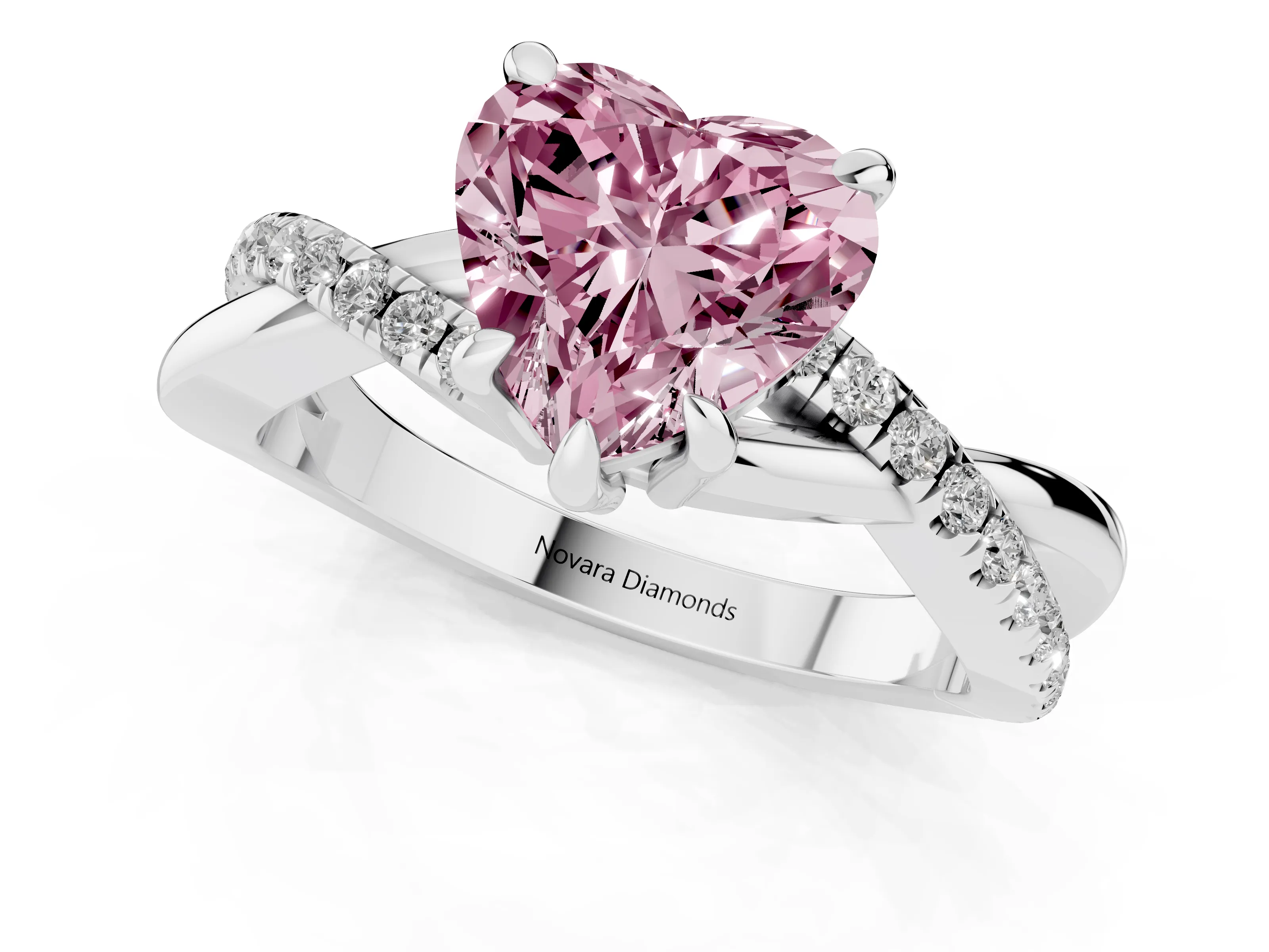 Fancy Pink Heart Cut Diamond Twist Band Solitaire Set in White gold with Pavé Accents and Prong Setting