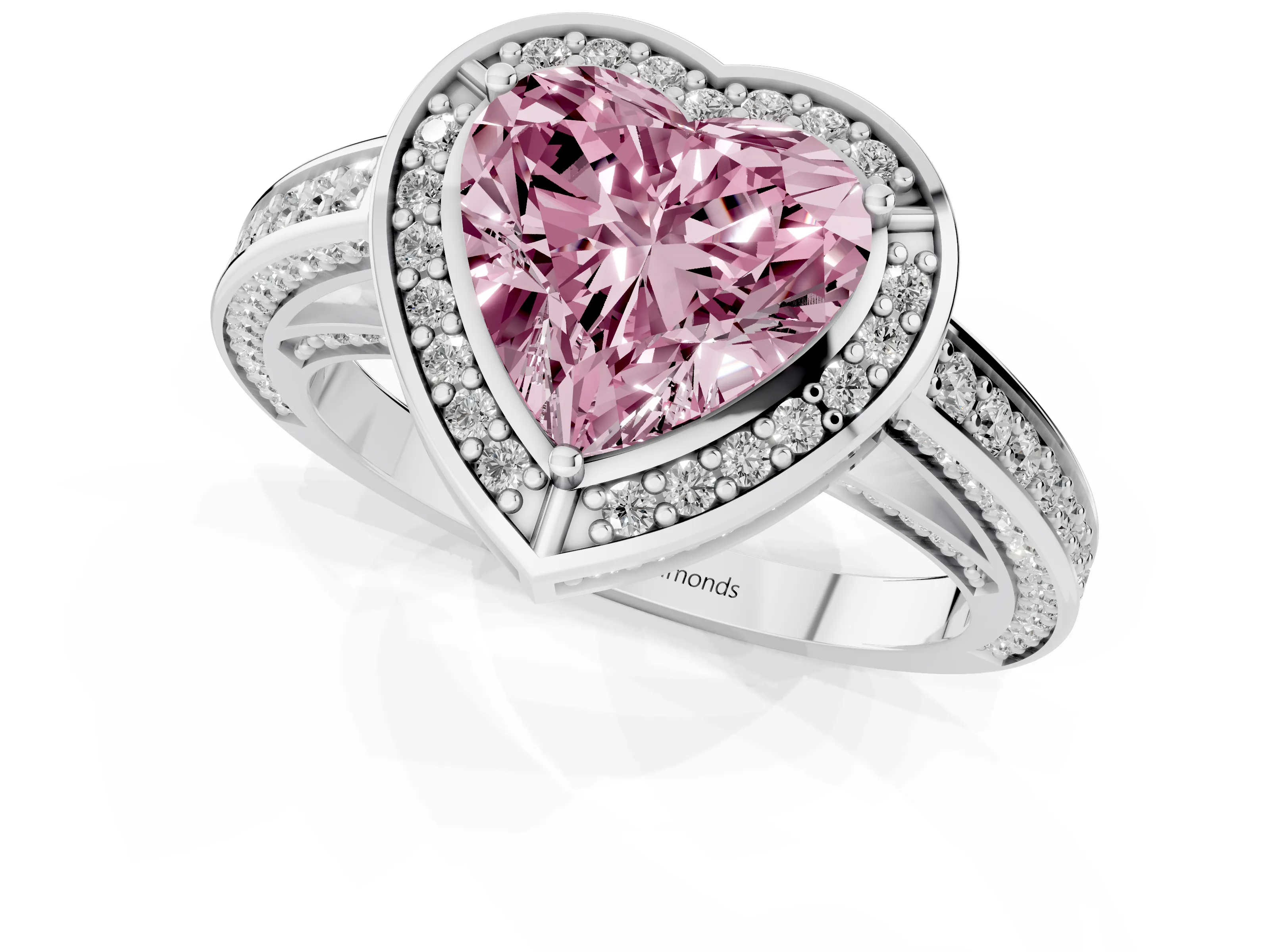 Fancy Pink Heart Cut Diamond Halo Pavé Split Shank Ring Set in White gold with Prong Setting