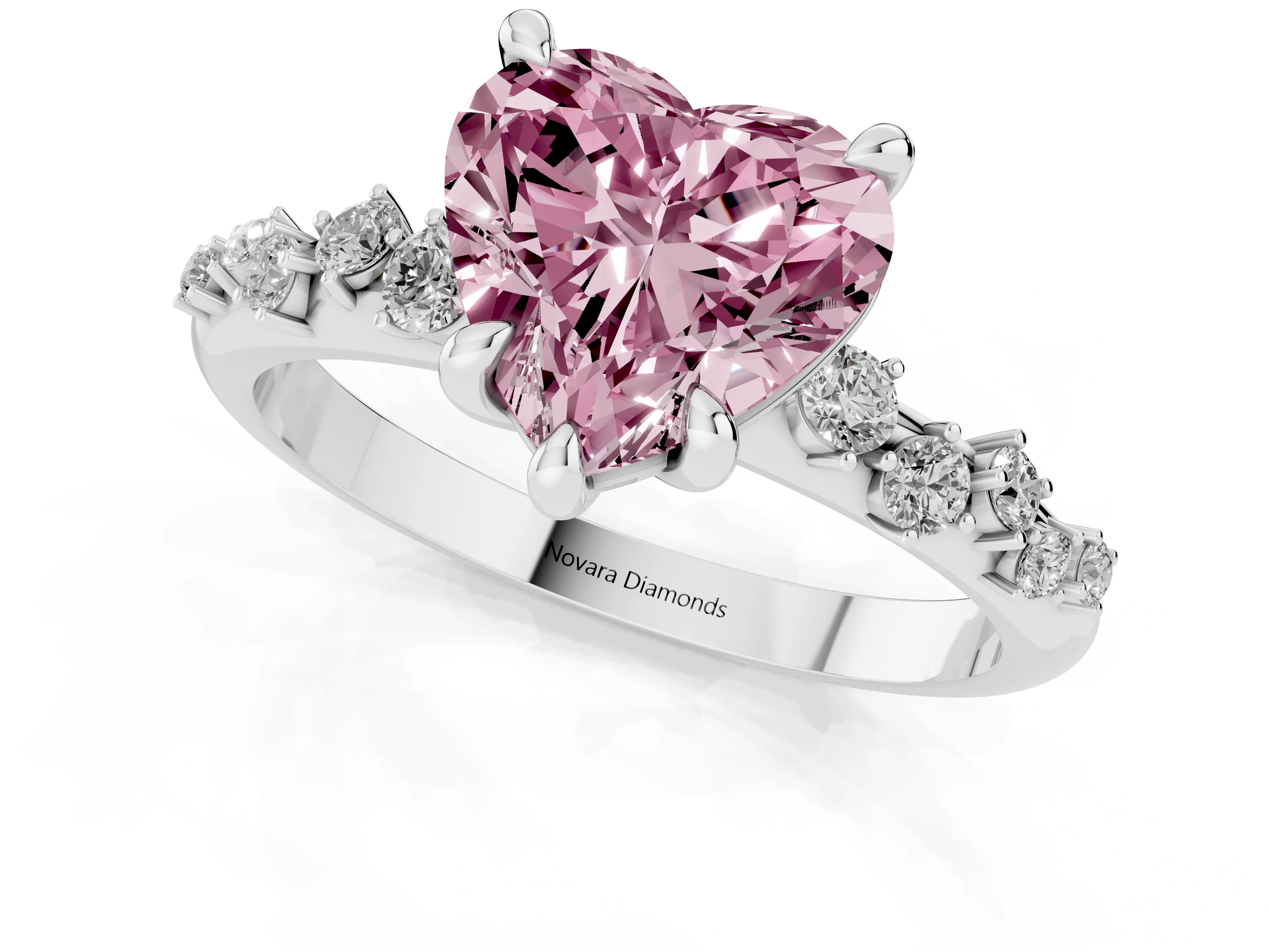 Fancy Pink Heart Cut Diamond Solitaire Vine Band Ring Set in Platinum with Round Accents and Prong Setting – second view