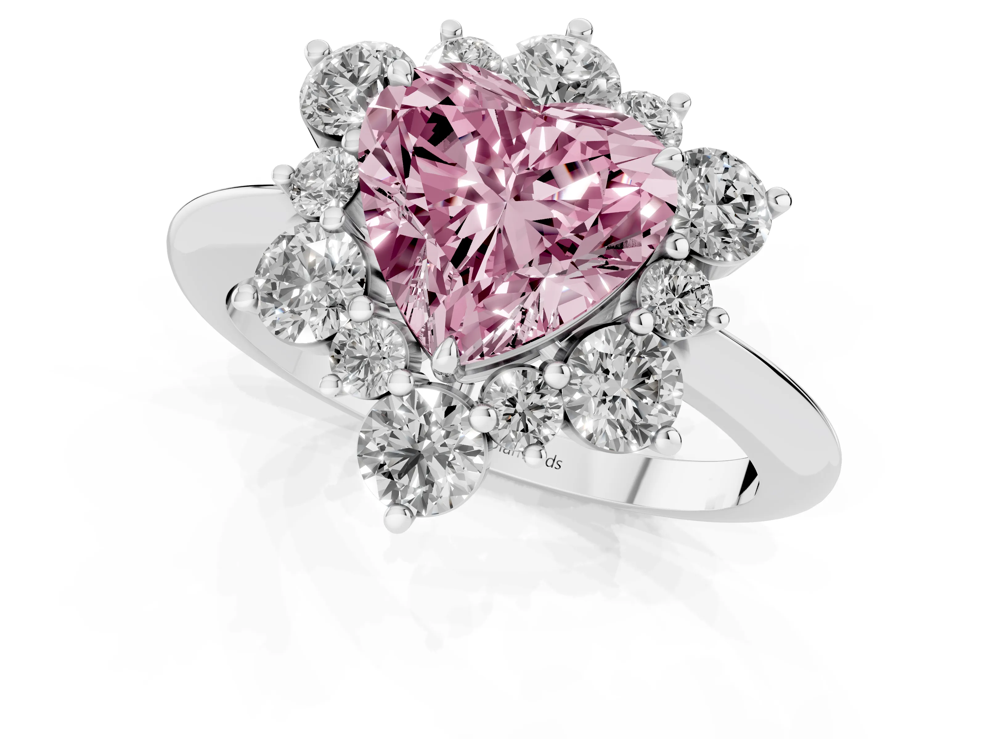 Fancy Pink Heart Cut Diamond Cluster Halo Ring Set in White gold with Solitaire Band and Prong Setting