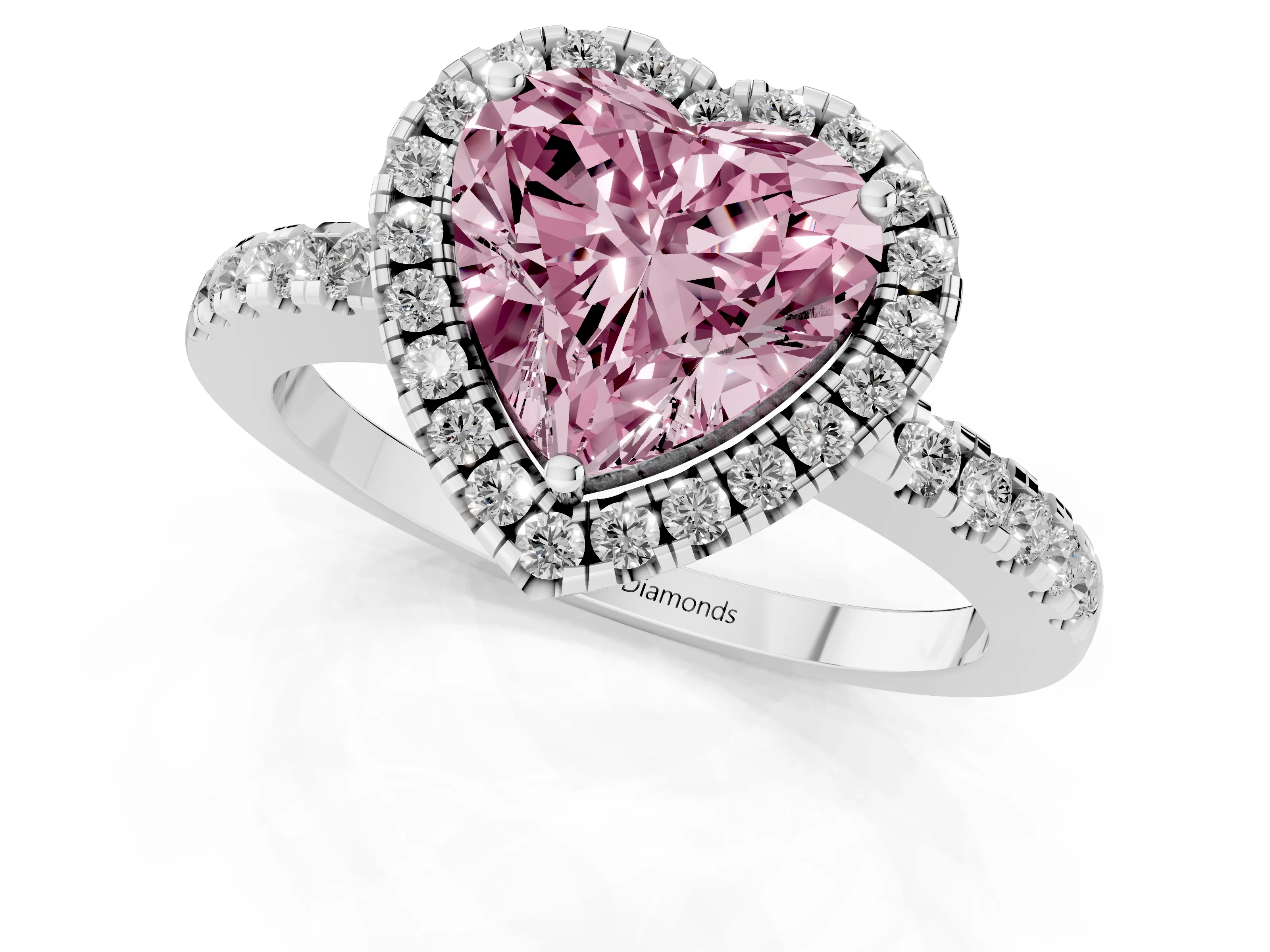 Fancy Pink Heart Cut Diamond Pavé Band Halo Engagement Ring Set in Silver with Prong Setting
