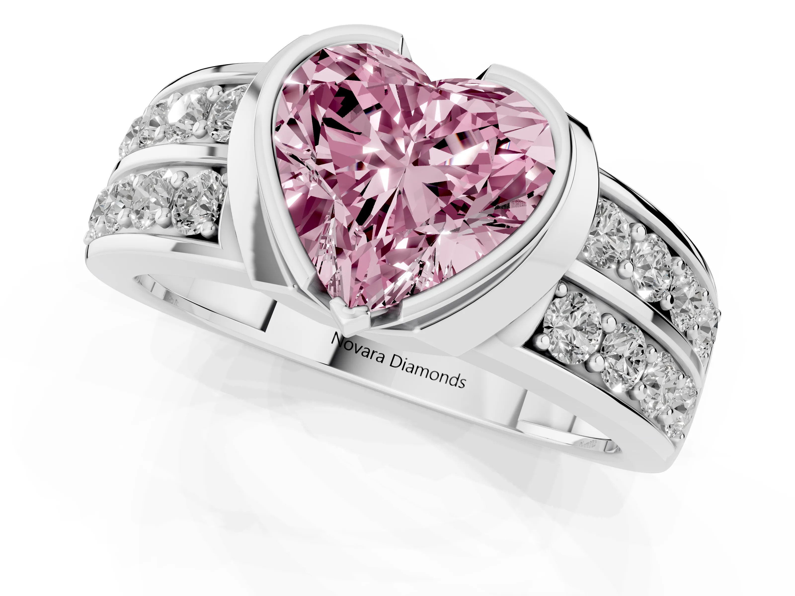 Fancy Pink Heart Cut Diamond Wide Channel Set Band Ring Set in White gold with Bezel Setting
