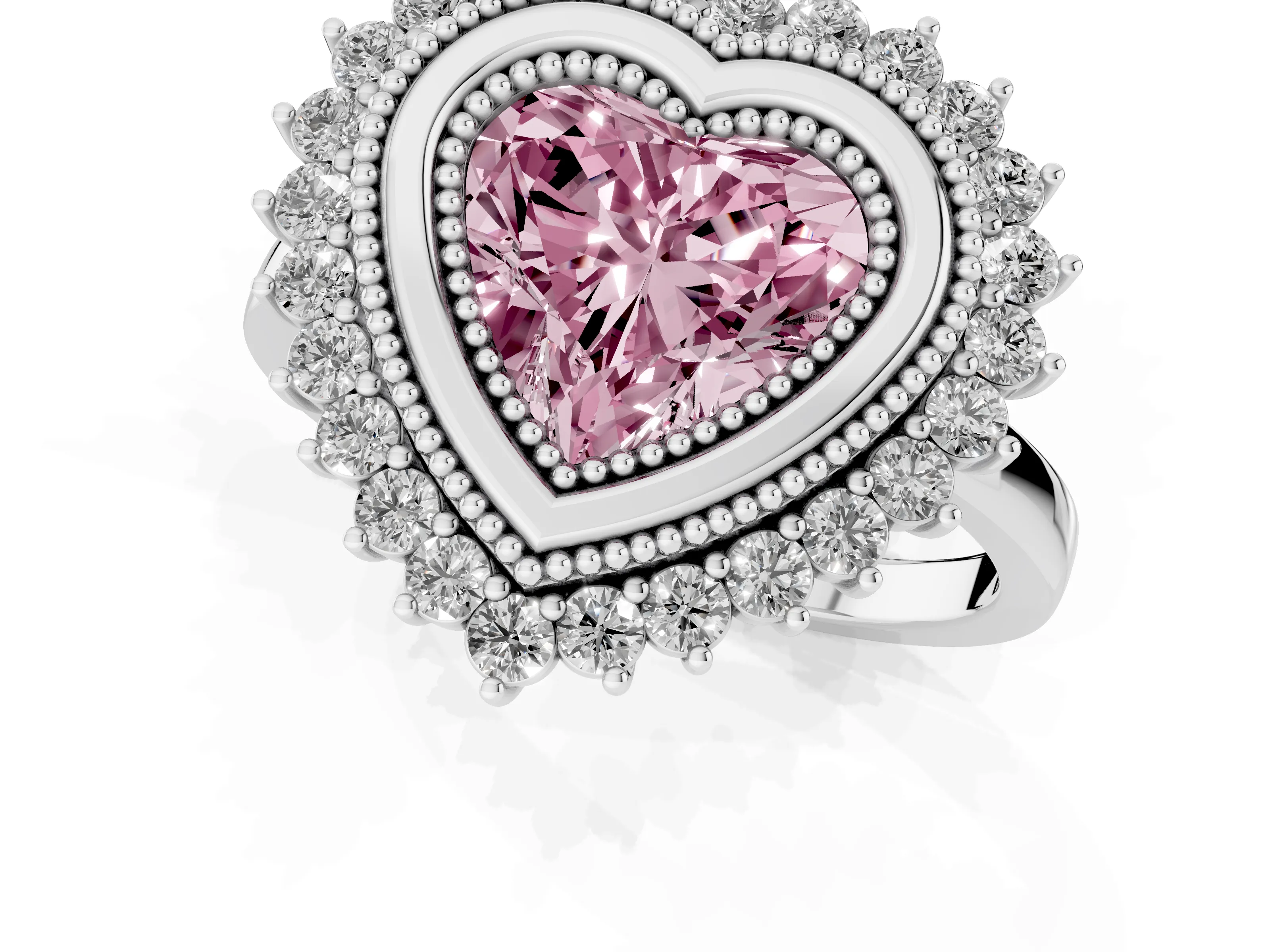 Fancy Pink Heart Cut Diamond Halo Ring Set in Platinum with Milgrain Edge and Round Prong Setting