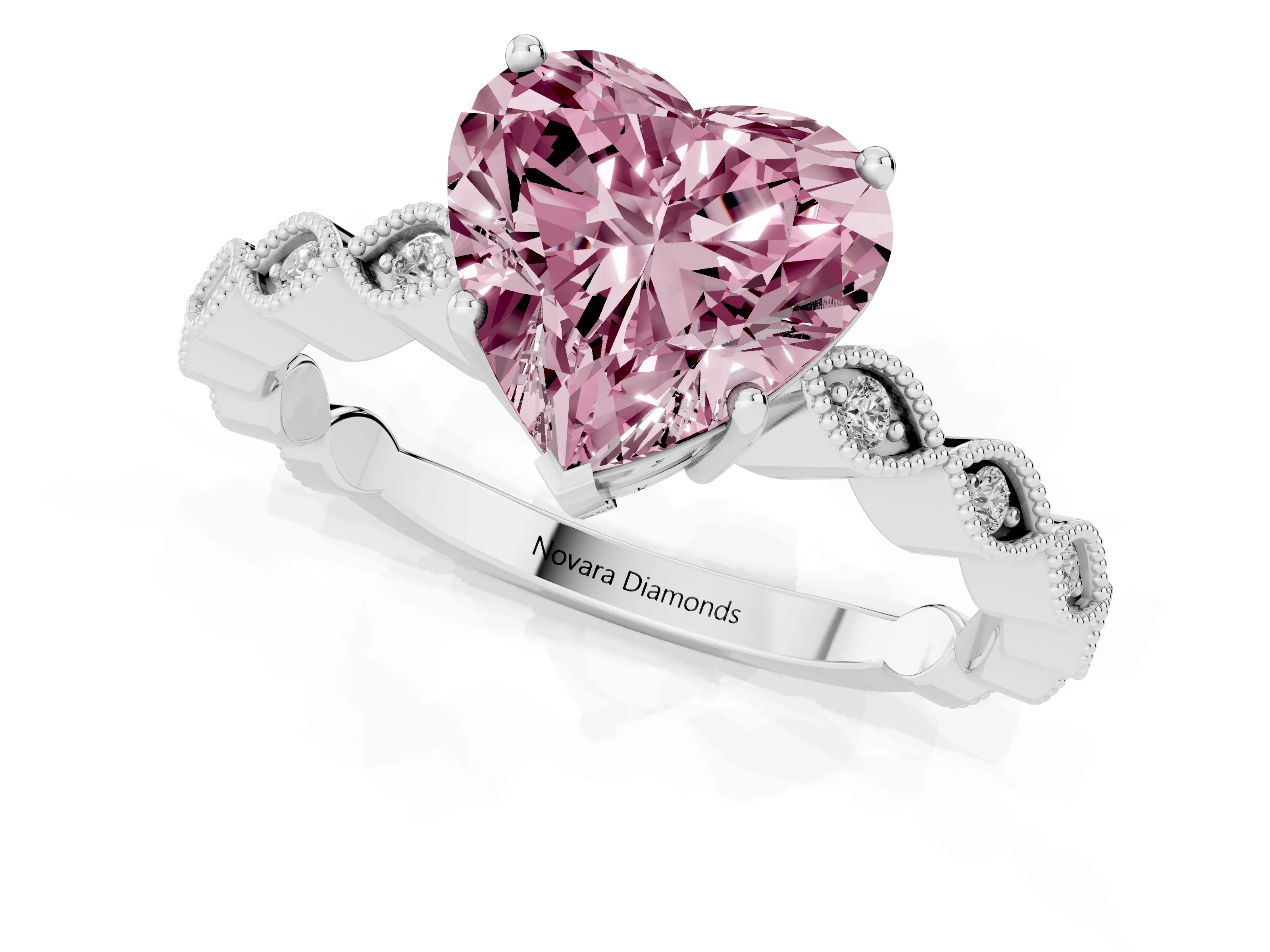 Fancy Pink Heart Cut Diamond Solitaire Ring Set in Silver with Infinity Twist Pavé Band
