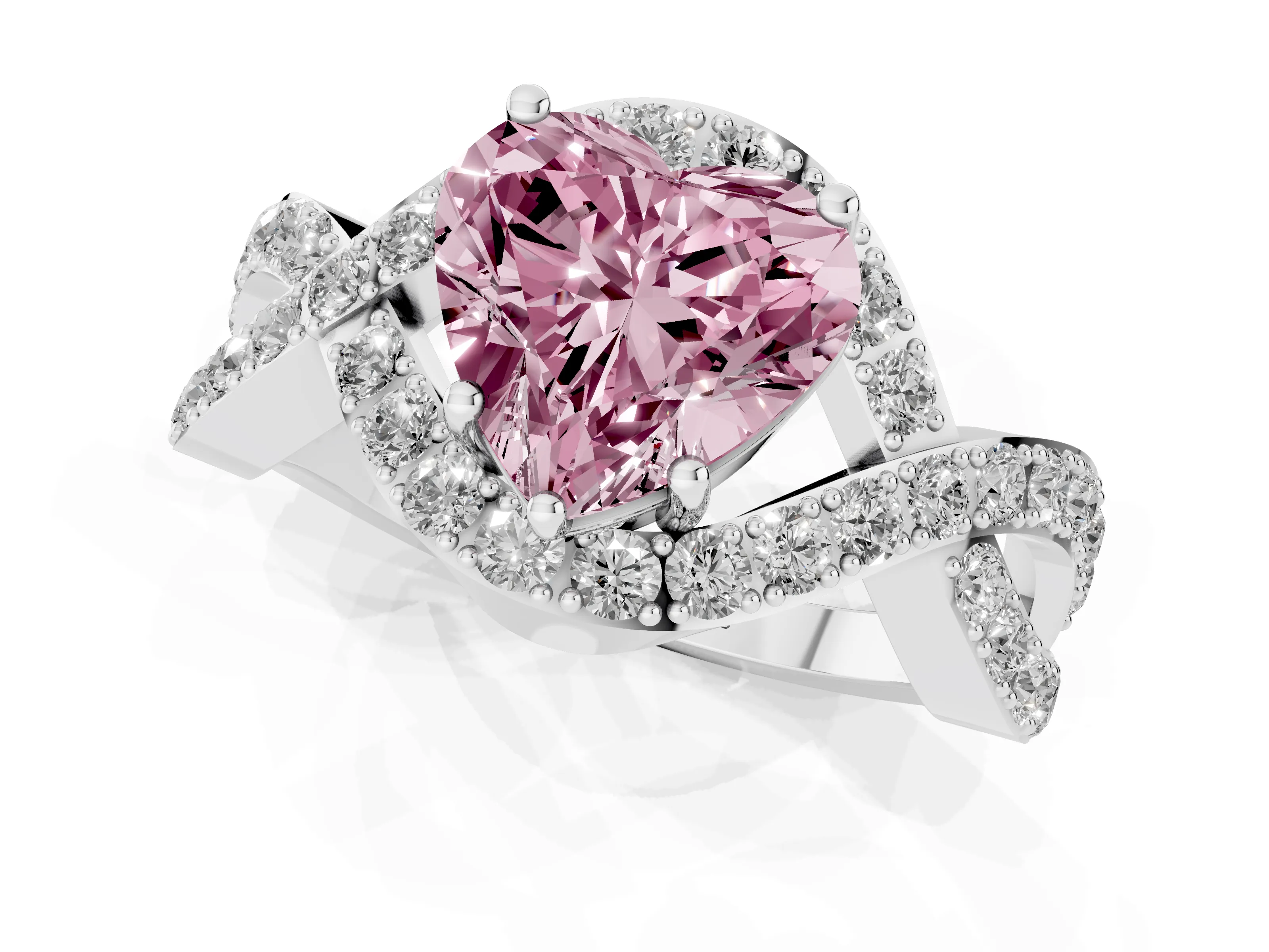 Fancy Pink Heart Cut Diamond Solitaire Twist Band Pavé Engagement Ring Set in Platinum