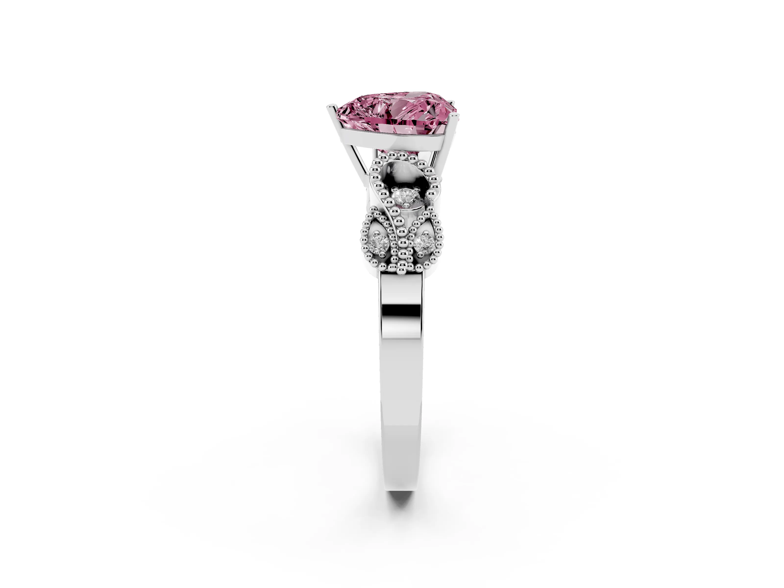 Fancy Pink Heart Cut Diamond Milgrain Leaf Band Solitaire Ring Set in White gold with Accent Stones and Prong Setting