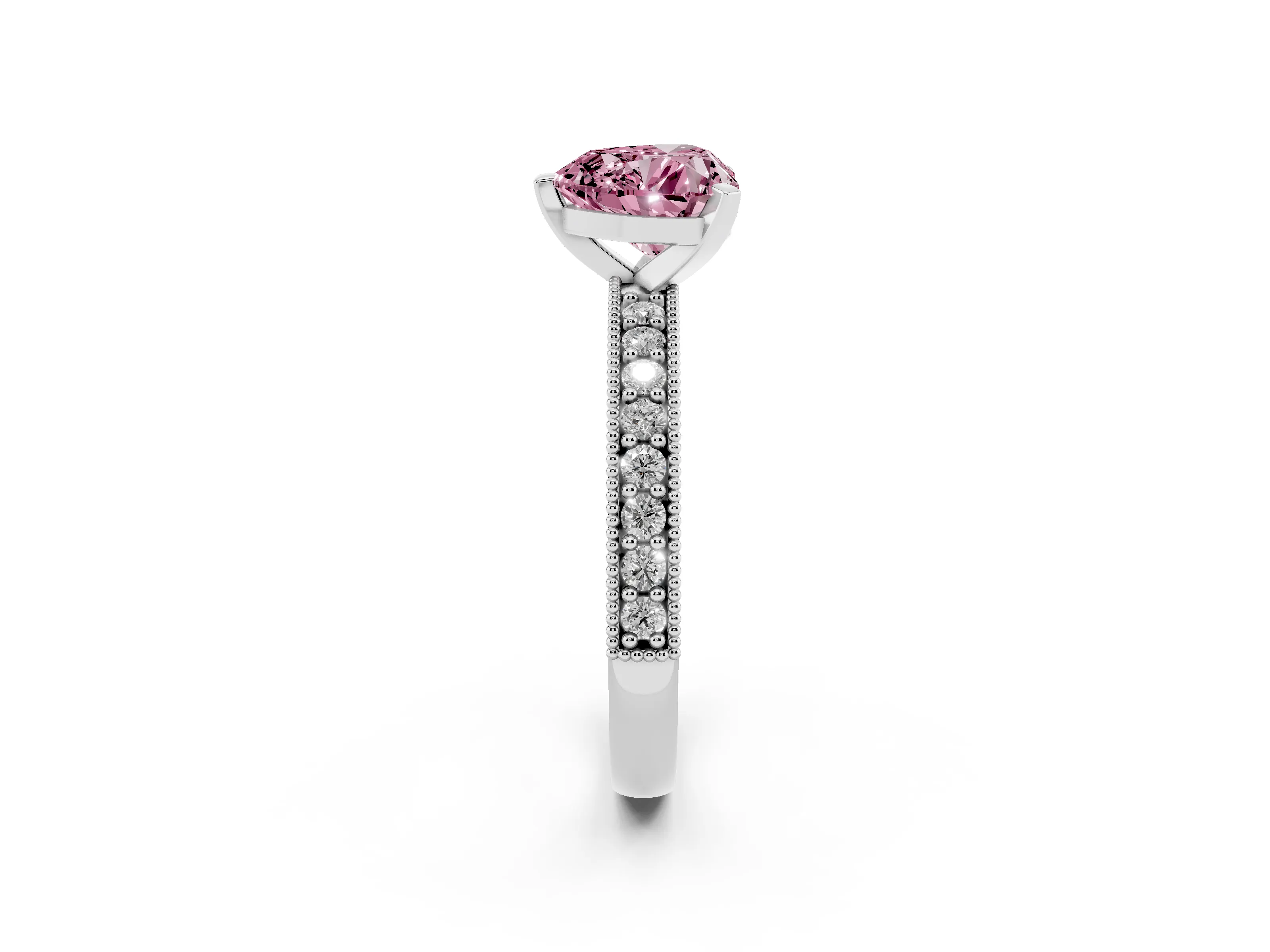 Fancy Pink Heart Cut Diamond Milgrain Pavé Engagement Ring Set in Silver with Prong Setting
