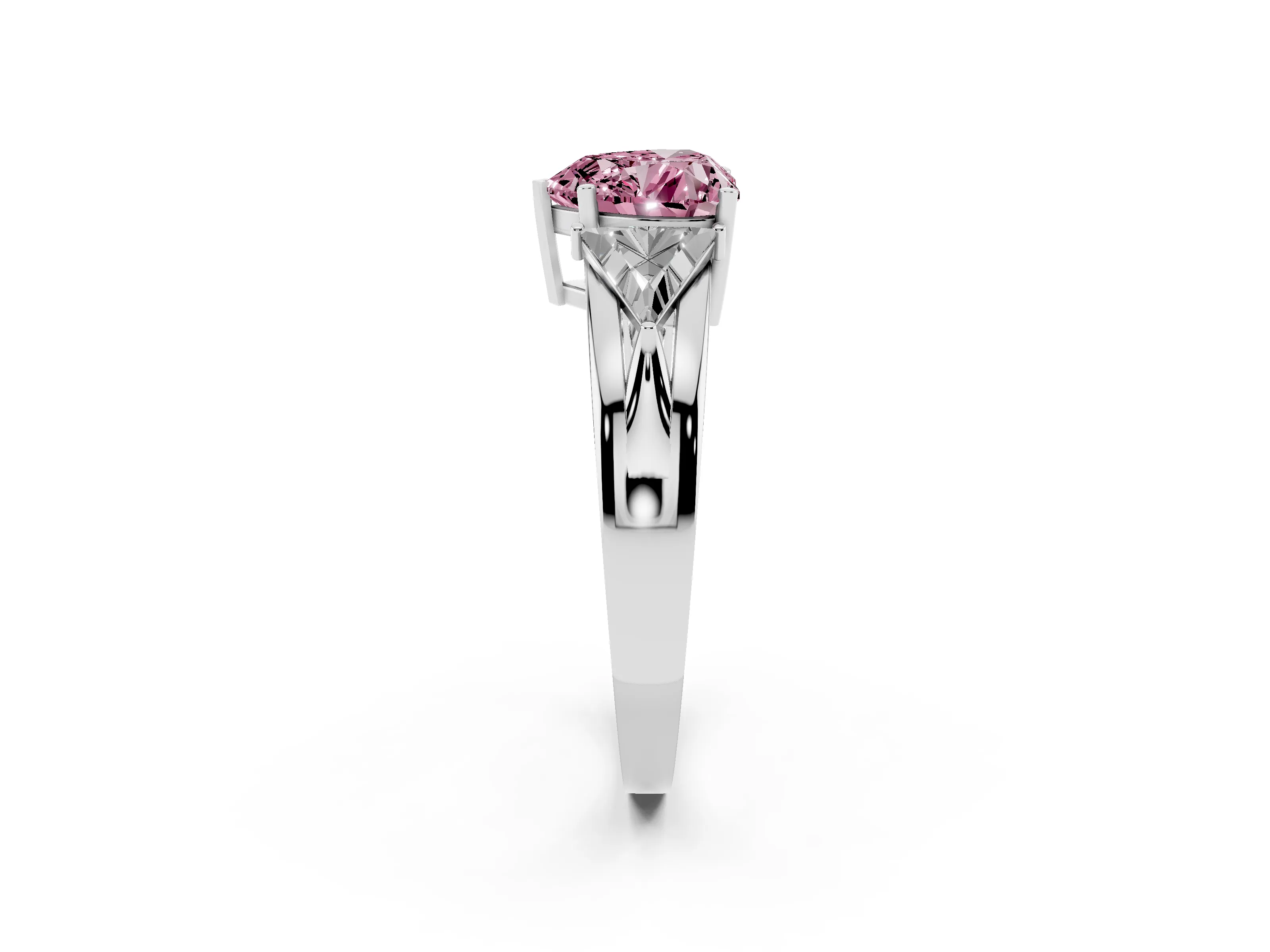 Fancy Pink Heart Cut Diamond Three-Stone Ring Set in Platinum with Trillion Side Stones and Split Shank