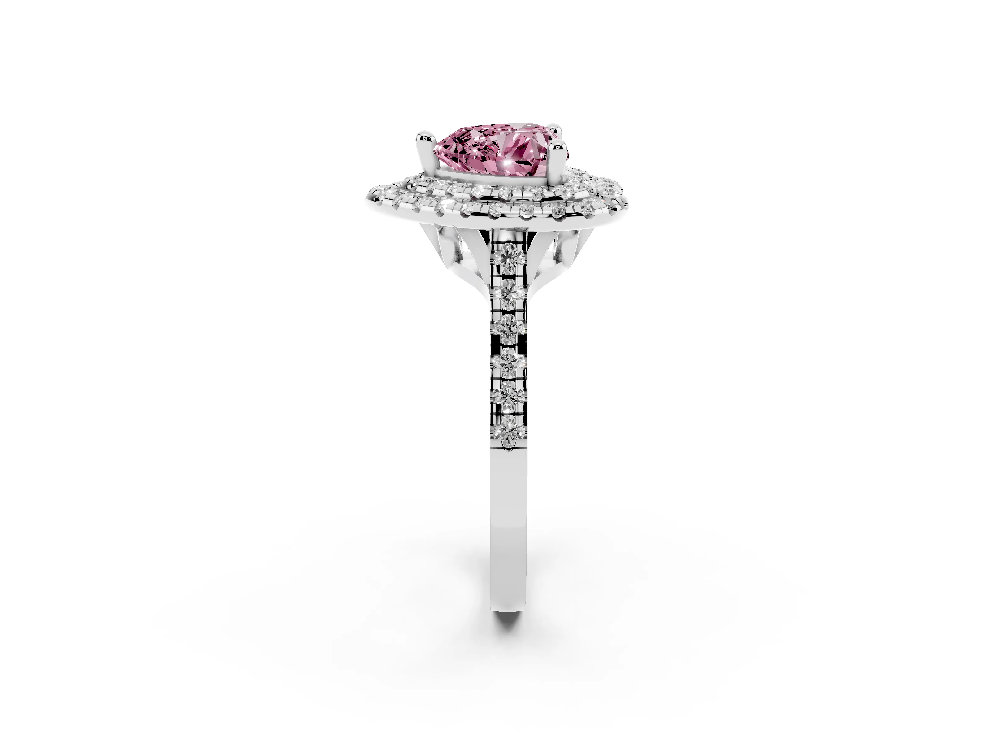 Fancy Pink Heart Cut Diamond Double Halo Statement Ring Set in White gold with Pavé Band