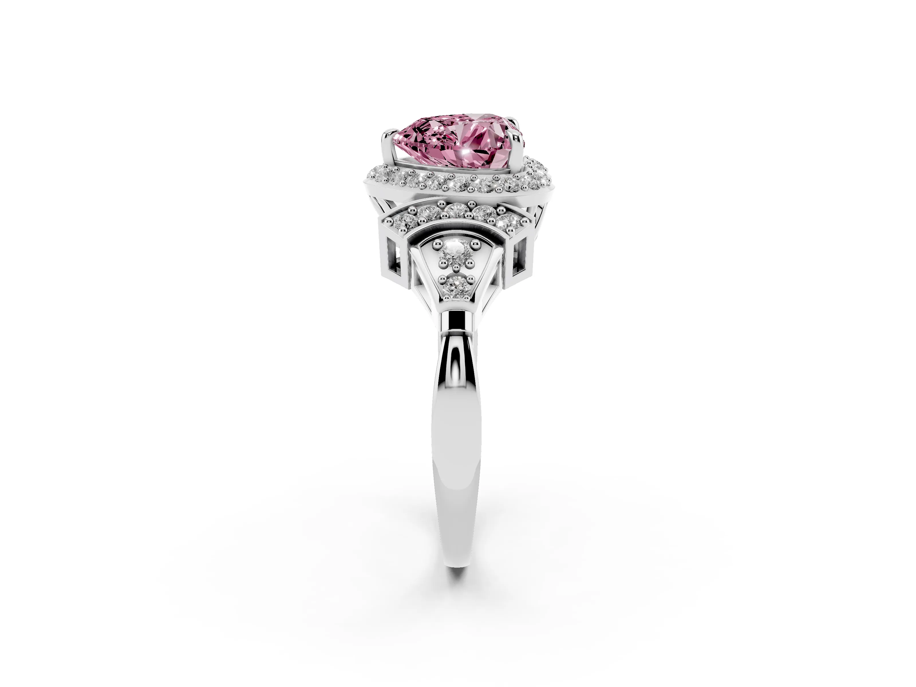 Fancy Pink Heart Cut Diamond Halo Engagement Ring Set in Platinum with Accent Stone Split Shank