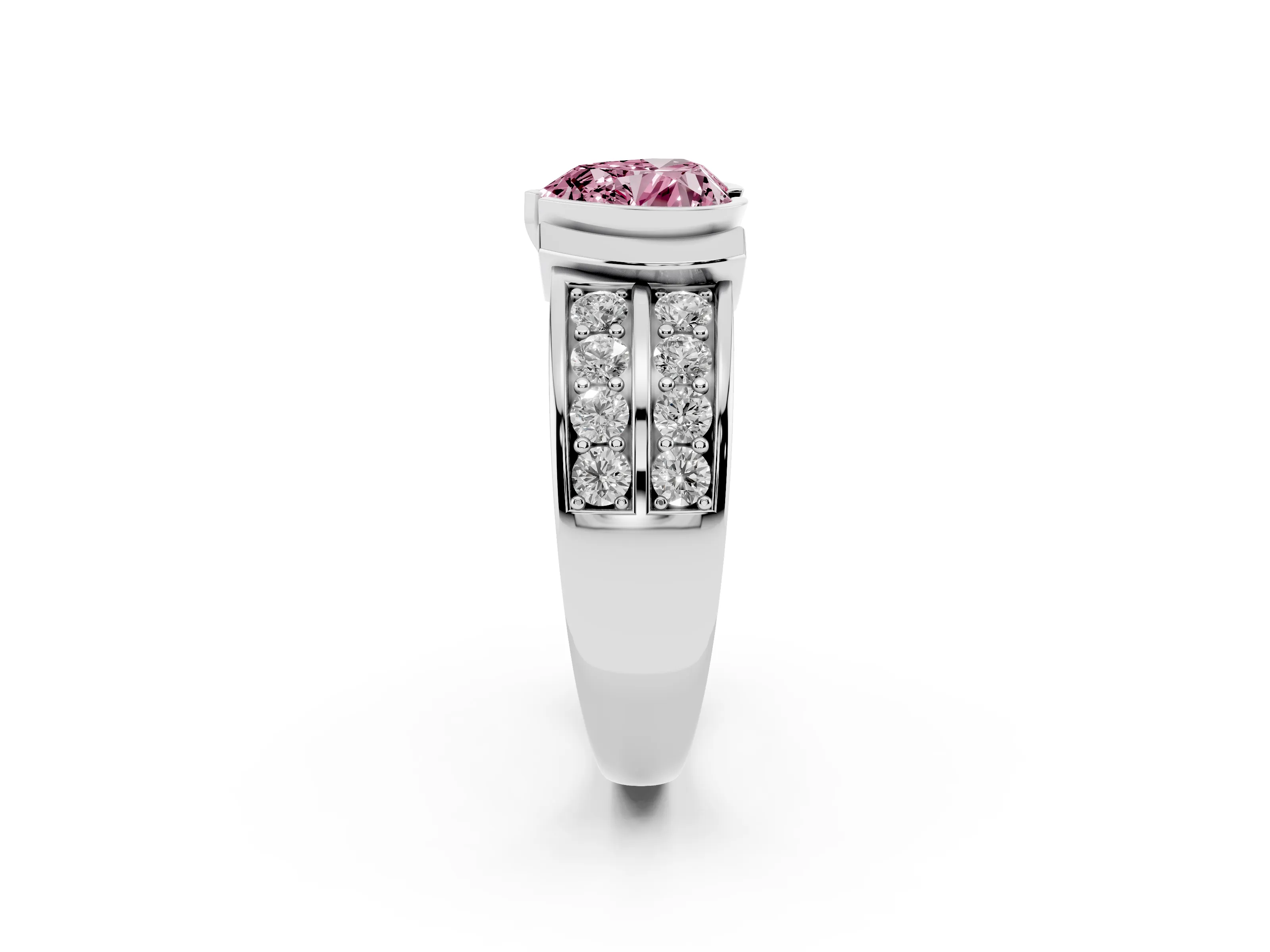 Fancy Pink Heart Cut Diamond Wide Channel Set Band Ring Set in White gold with Bezel Setting
