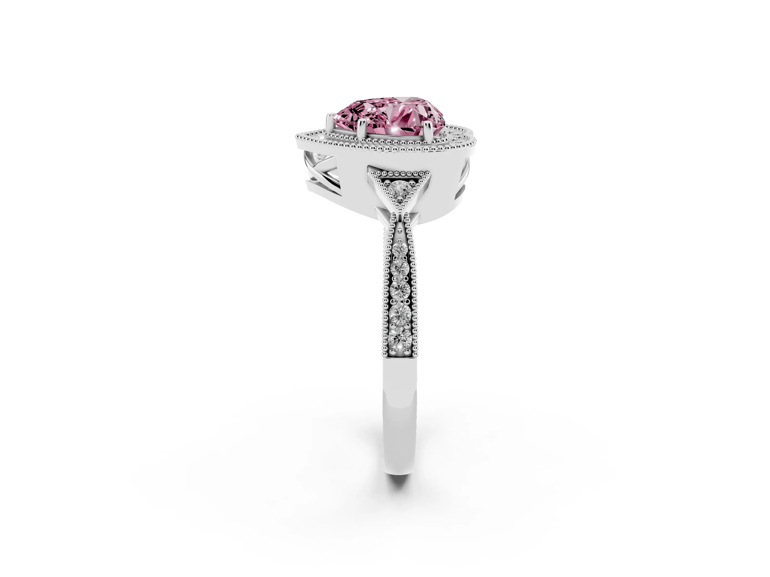 Fancy Pink Heart Cut Diamond Halo Engagement Ring Set in White gold with Milgrain Pavé Band